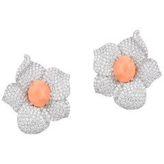 Andreoli White Gold, Diamond and Natural Coral Flower Earrings