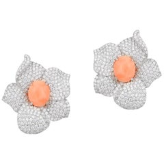 Andreoli White Gold, Diamond and Natural Coral Flower Earrings