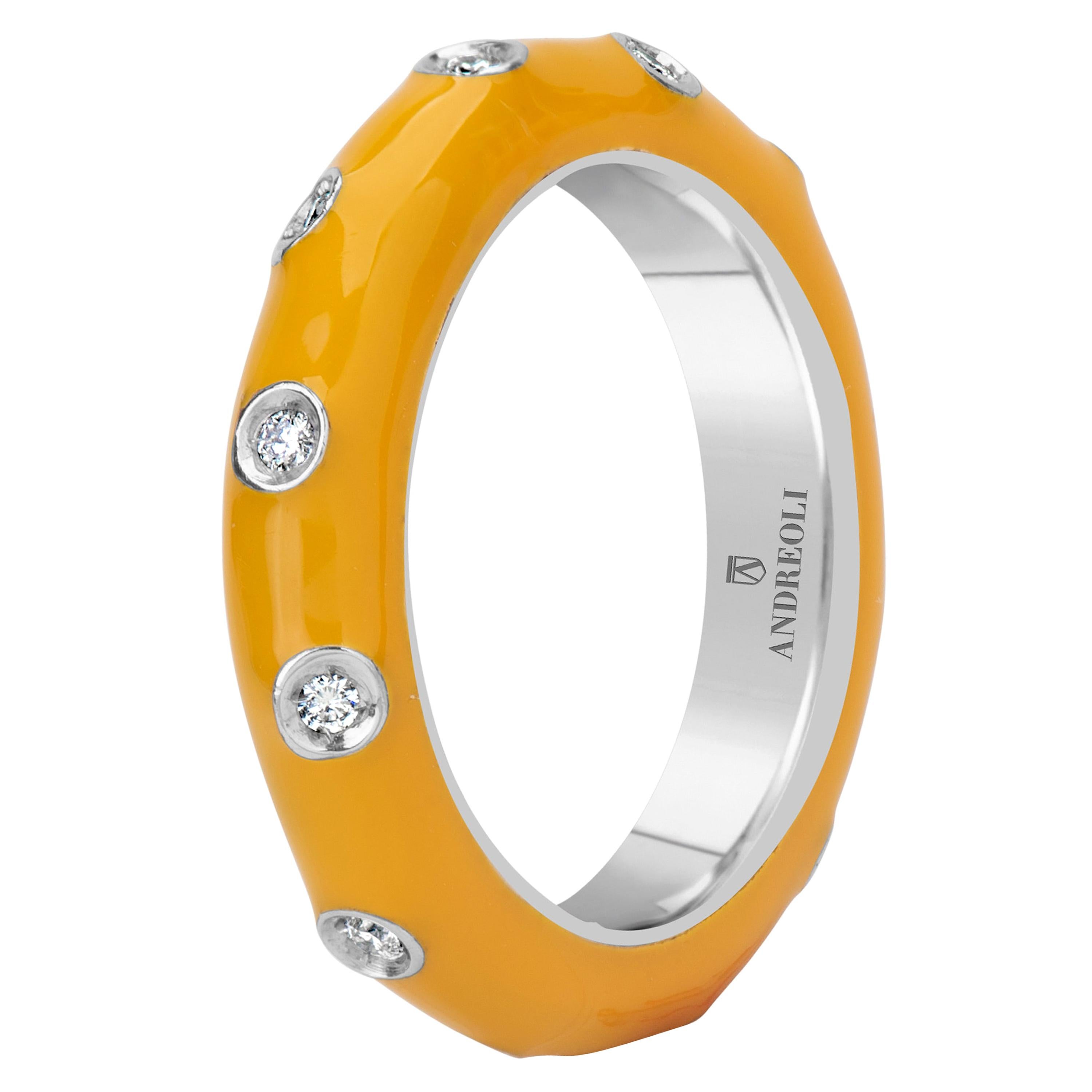 Andreoli Yellow Enamel Diamond Band Ring 18 Karat White Gold