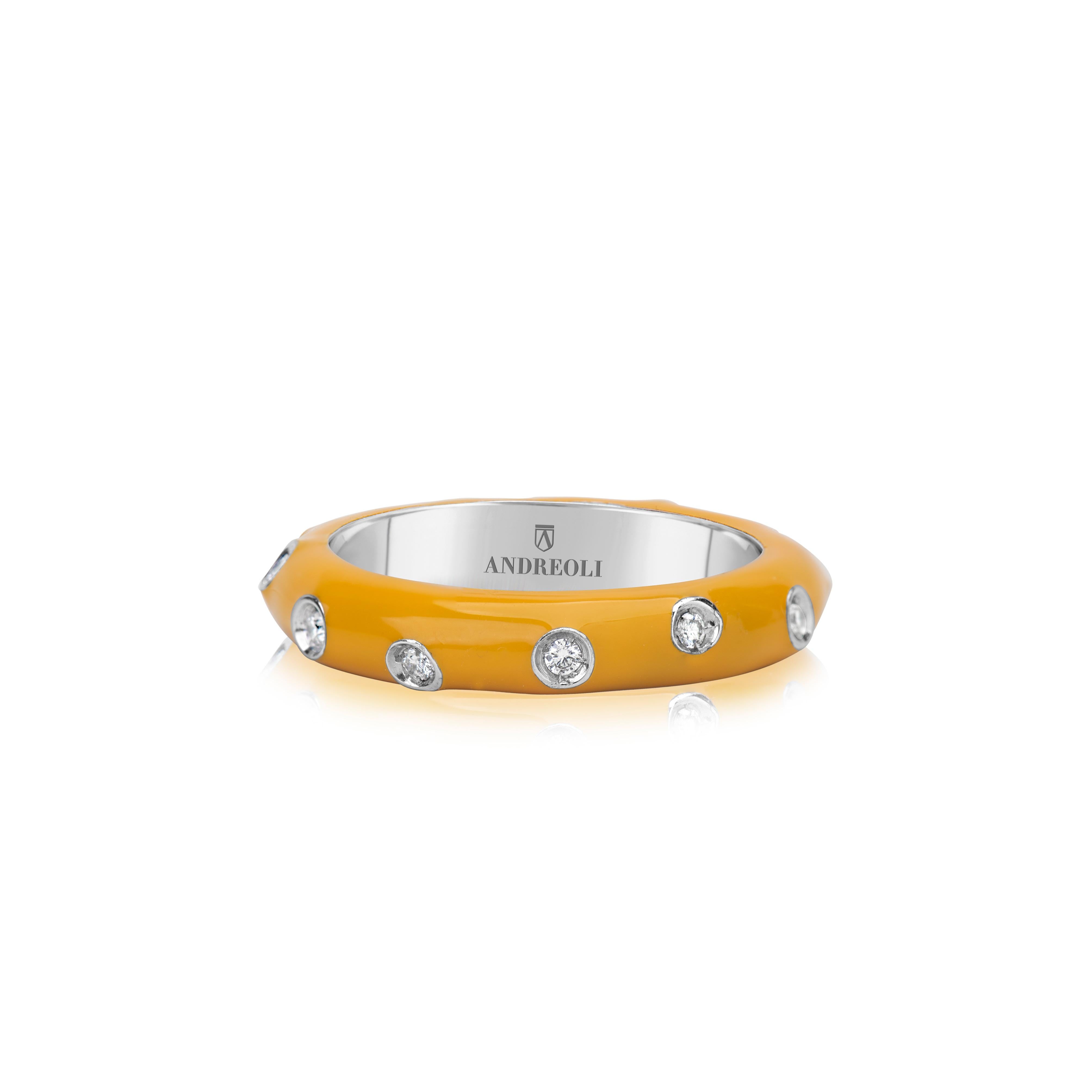 Andreoli Yellow Enamel Diamond Band Ring 18k White Gold

This Andreoli ring features:
- 0.17 carat diamond
- 9.10 gram 18 karat white gold
- Yellow Enamel
- Made in Italy
- Ring Size 7.00