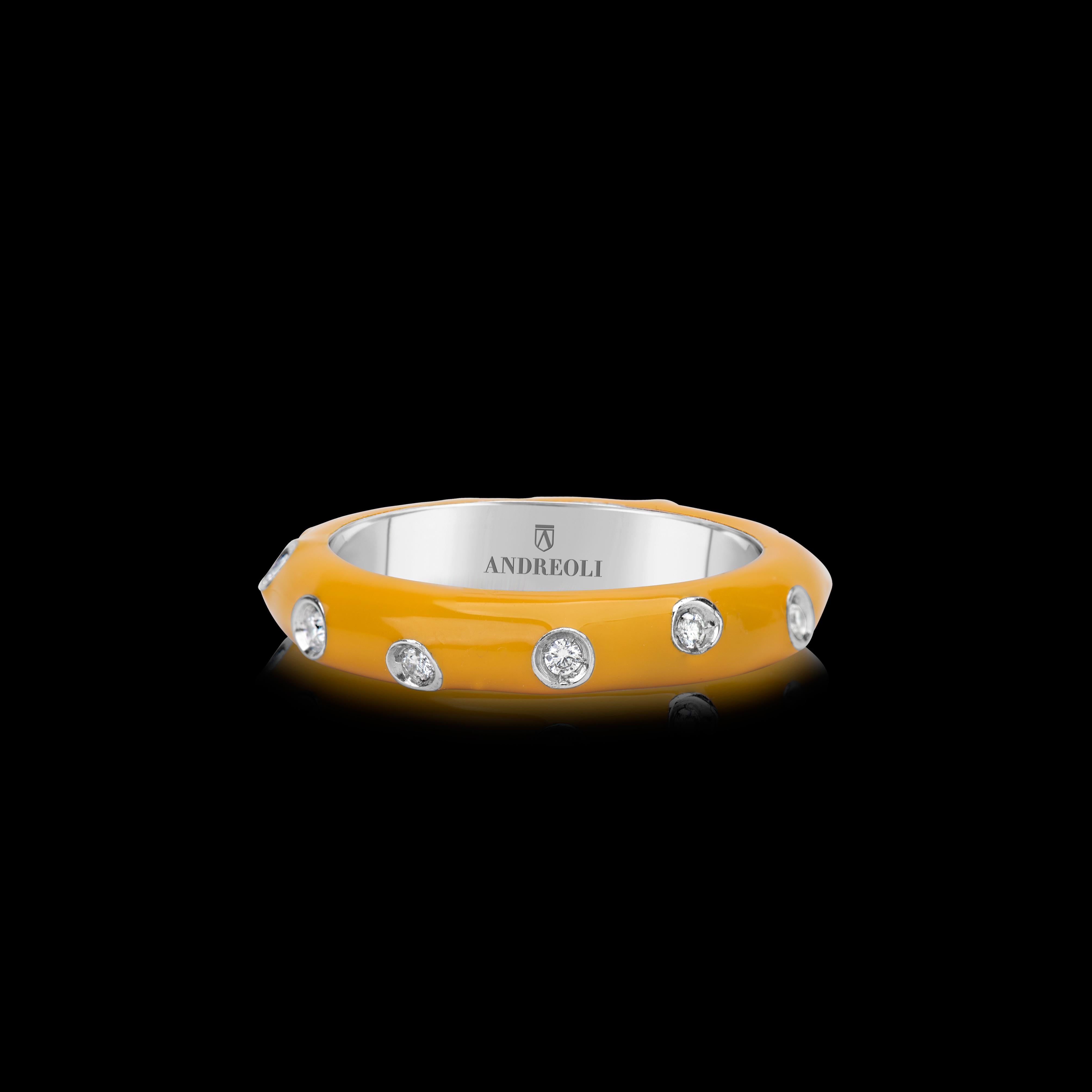 Women's or Men's Andreoli Yellow Enamel Diamond Band Ring 18 Karat White Gold For Sale