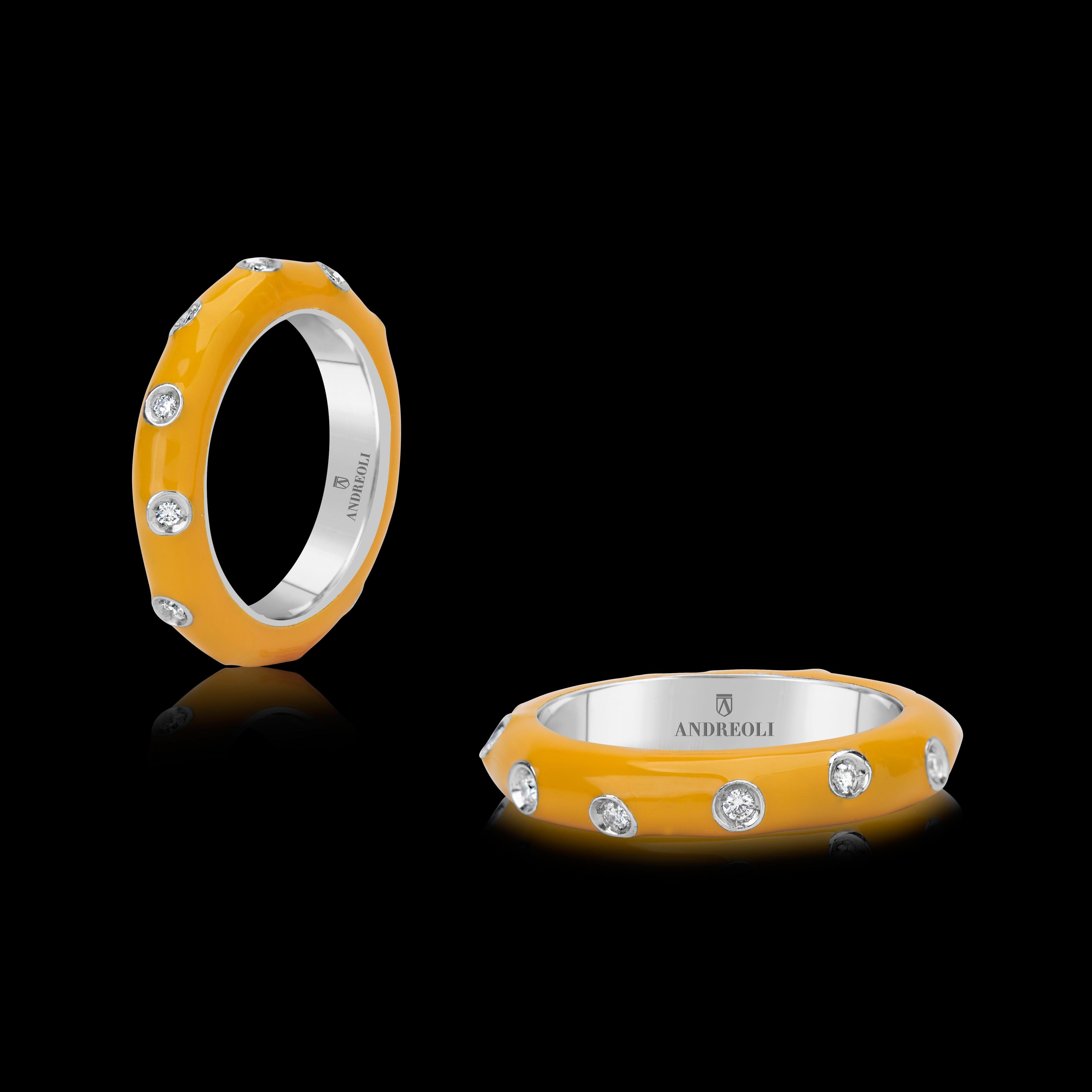 Andreoli Yellow Enamel Diamond Band Ring 18 Karat White Gold For Sale 1