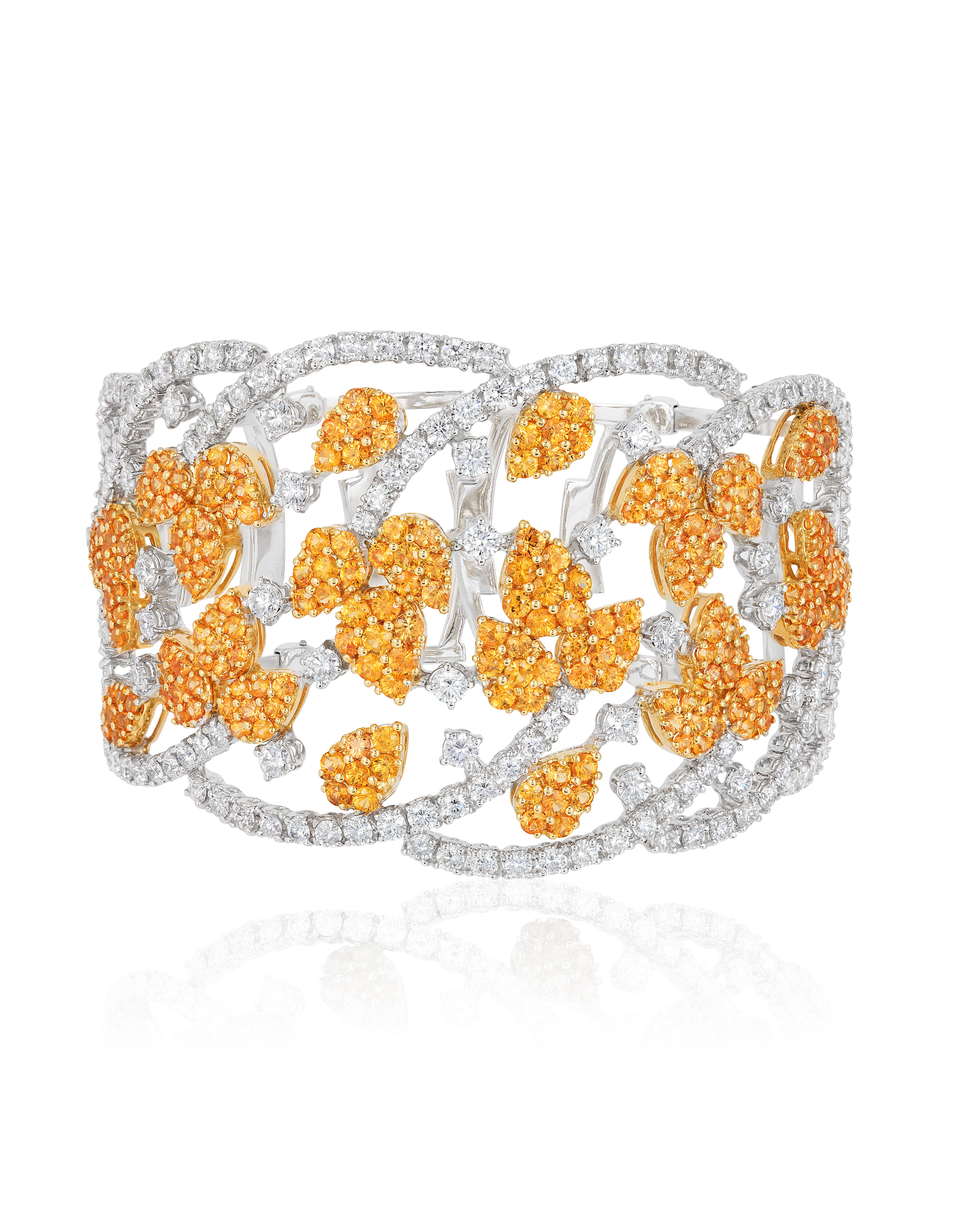 Contemporary Andreoli Yellow Sapphire Diamond 18 Karat White Yellow Gold Cuff Bracelet For Sale