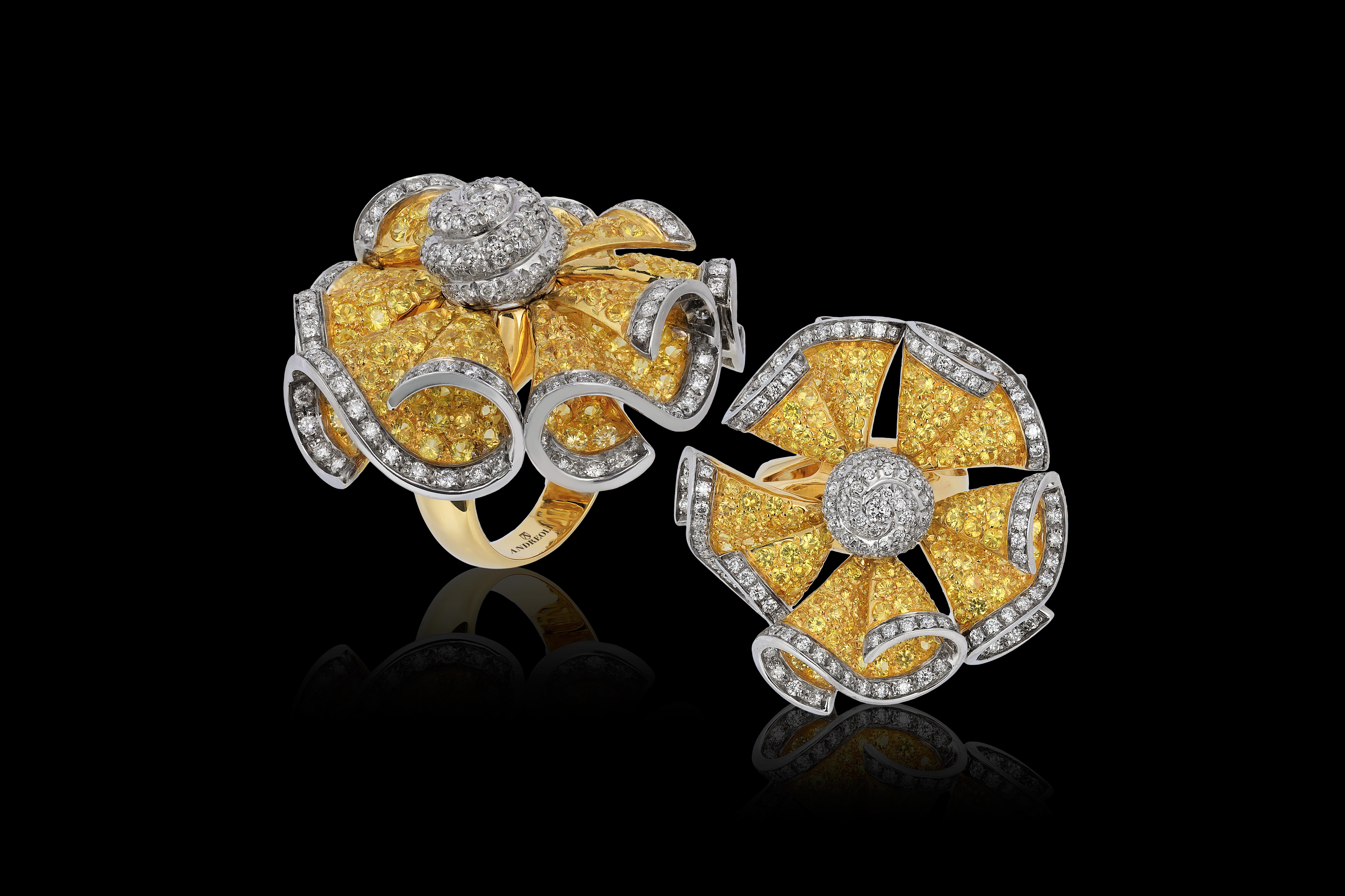 Contemporary Andreoli Yellow Sapphire Diamond Moving Petals Flower Cocktail Ring 18k Gold For Sale
