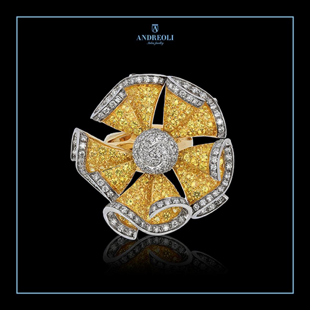 Andreoli Yellow Sapphire Diamond Moving Petals Flower Cocktail Ring 18k Gold In New Condition For Sale In New York, NY