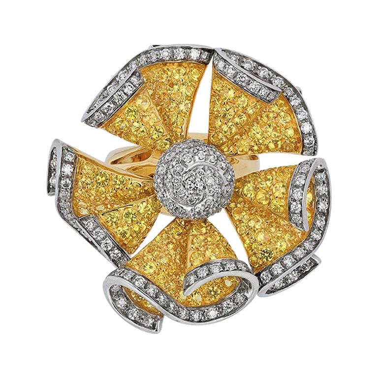 Andreoli Yellow Sapphire Diamond Moving Petals Flower Cocktail Ring 18k Gold