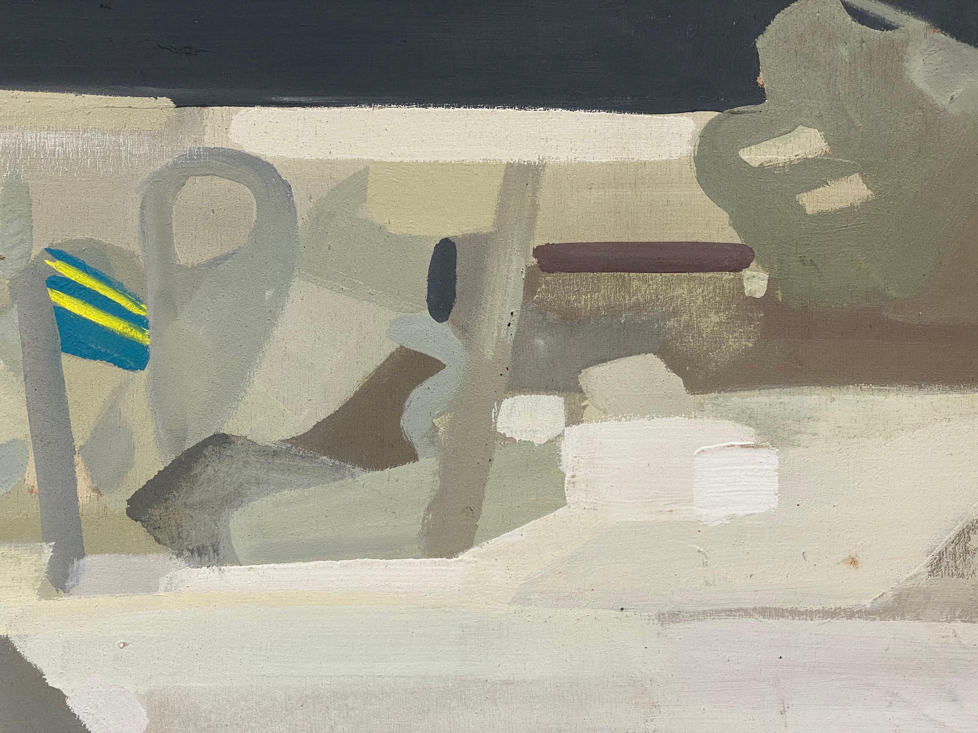 Großes surrealistisches Ölgemälde, figürliche Szene, Frankreich (Grau), Figurative Painting, von Andres