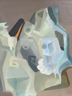 French Surrealist Oil Painting Figurative Scene - Blue Abstract Shapes