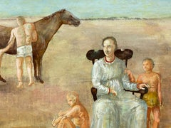 French Surrealist Oil Painting Figurative Scene Family with Horse Landscape