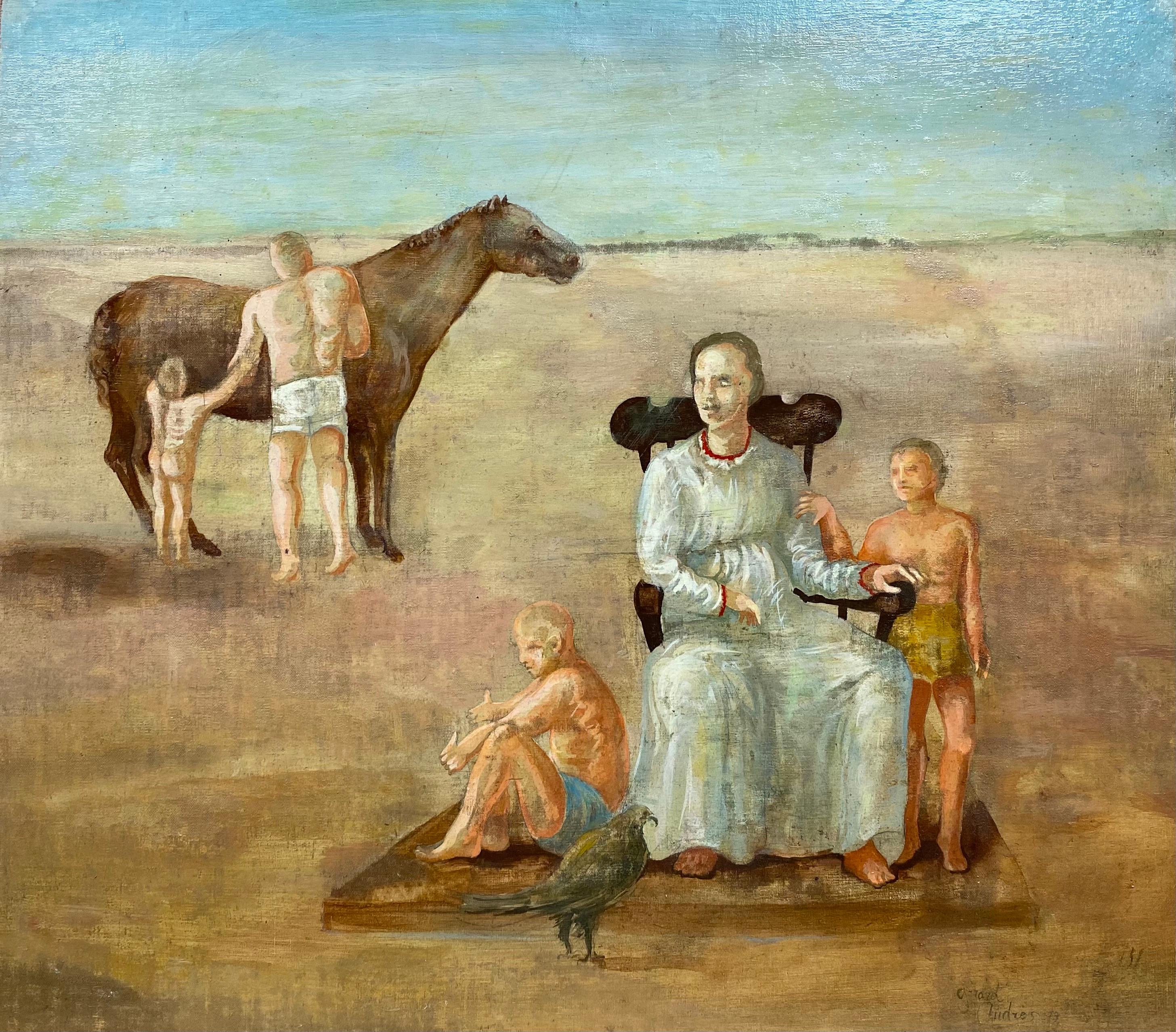 Andres Figurative Painting - French Surrealist Oil Painting Figurative Scene Family with Horse Landscape