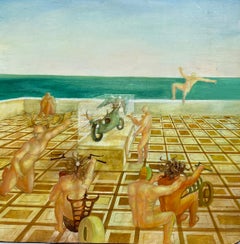 French Surrealist Oil Painting Figurative Scene Male Nudes in Desert