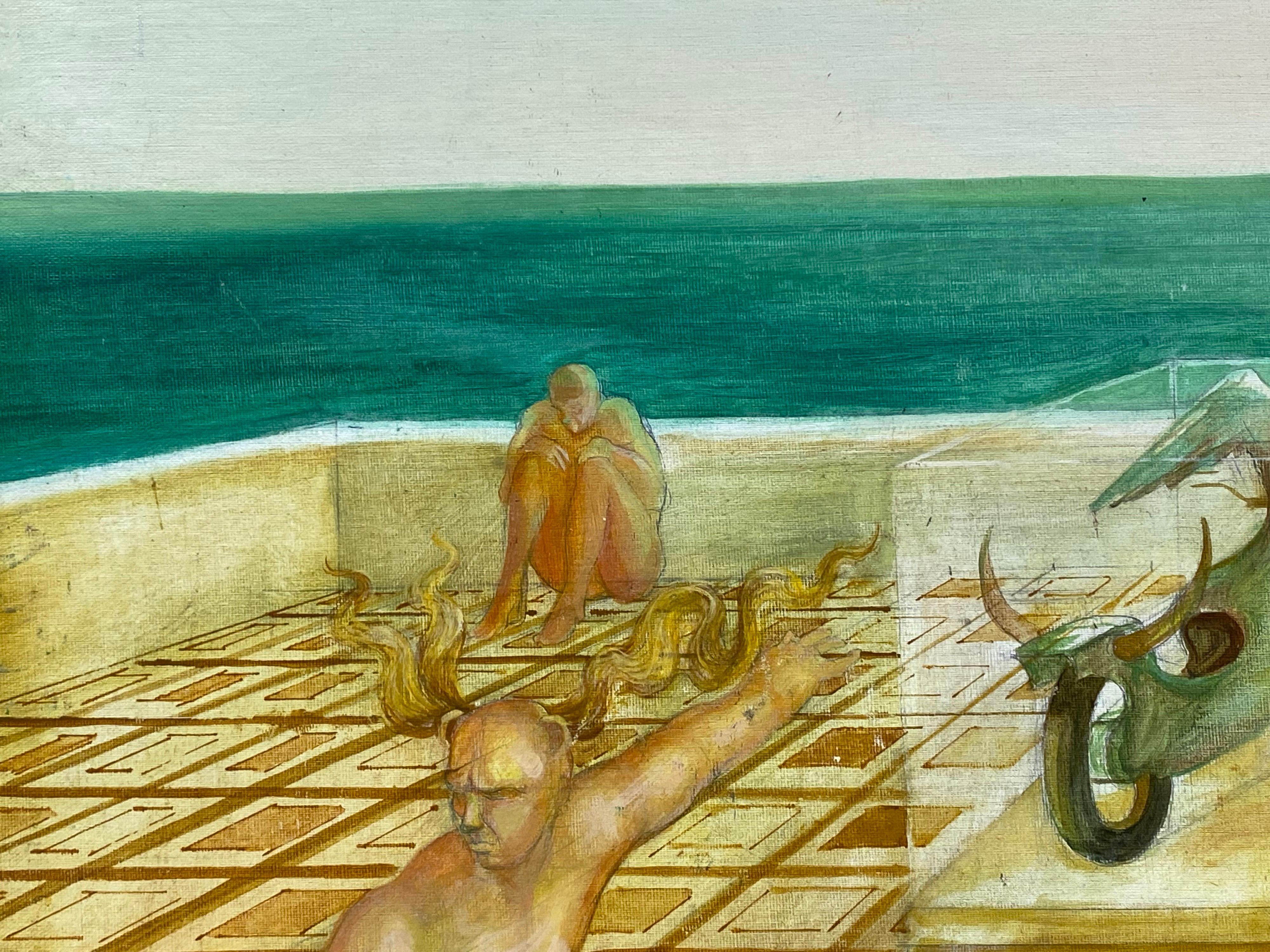 Peinture à l'huile surréaliste française - Scène figurative - Nus masculins dans le désert en vente 1