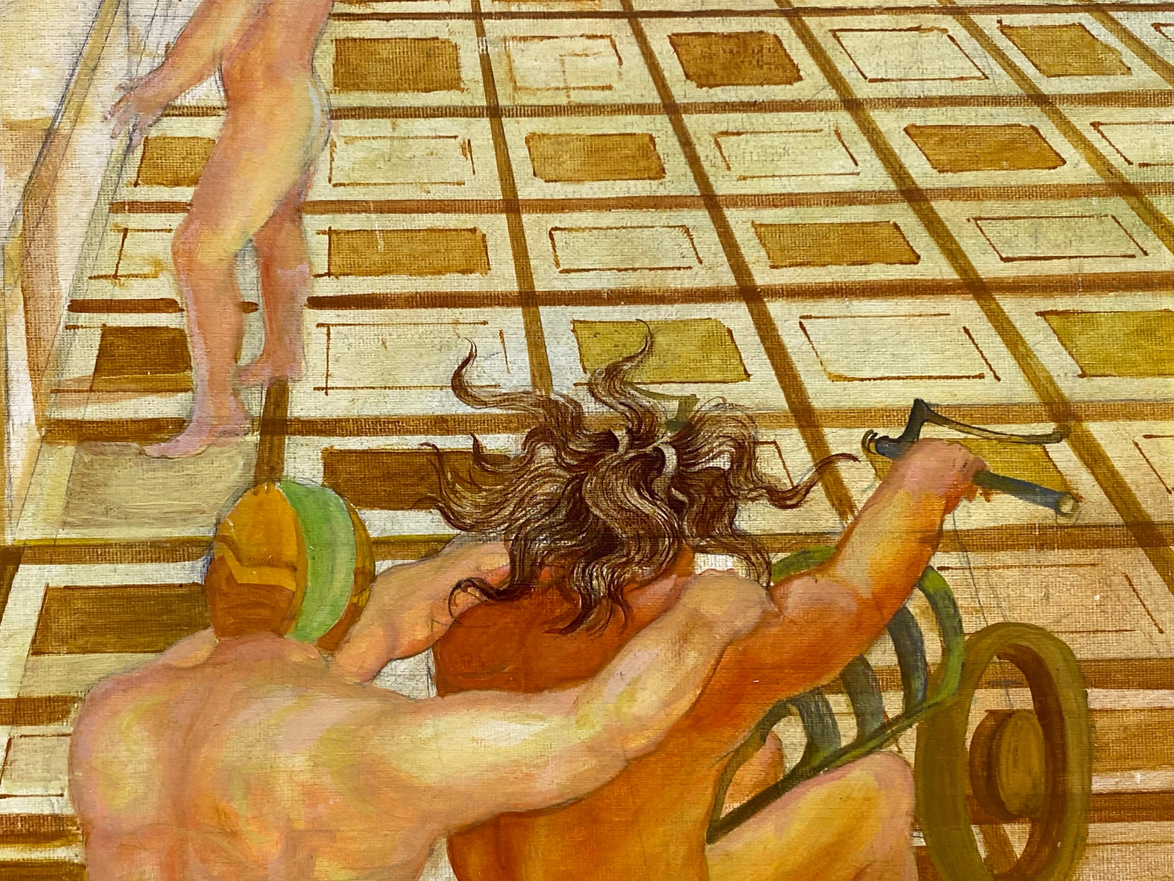 Pittura a olio surrealista francese Scena figurativa di nudi maschili nel deserto in vendita 3