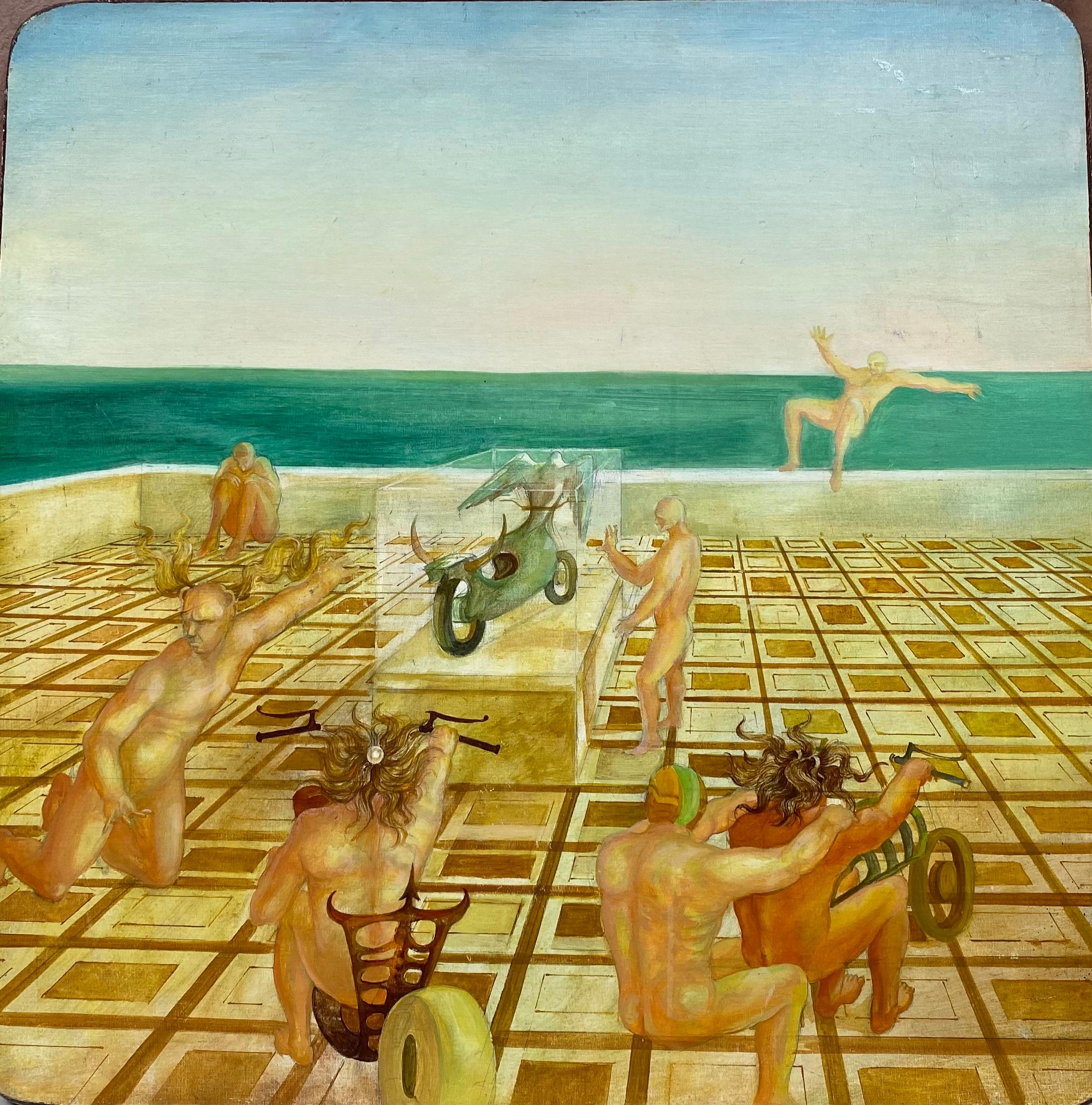 Figurative Painting di Andres - Pittura a olio surrealista francese Scena figurativa di nudi maschili nel deserto