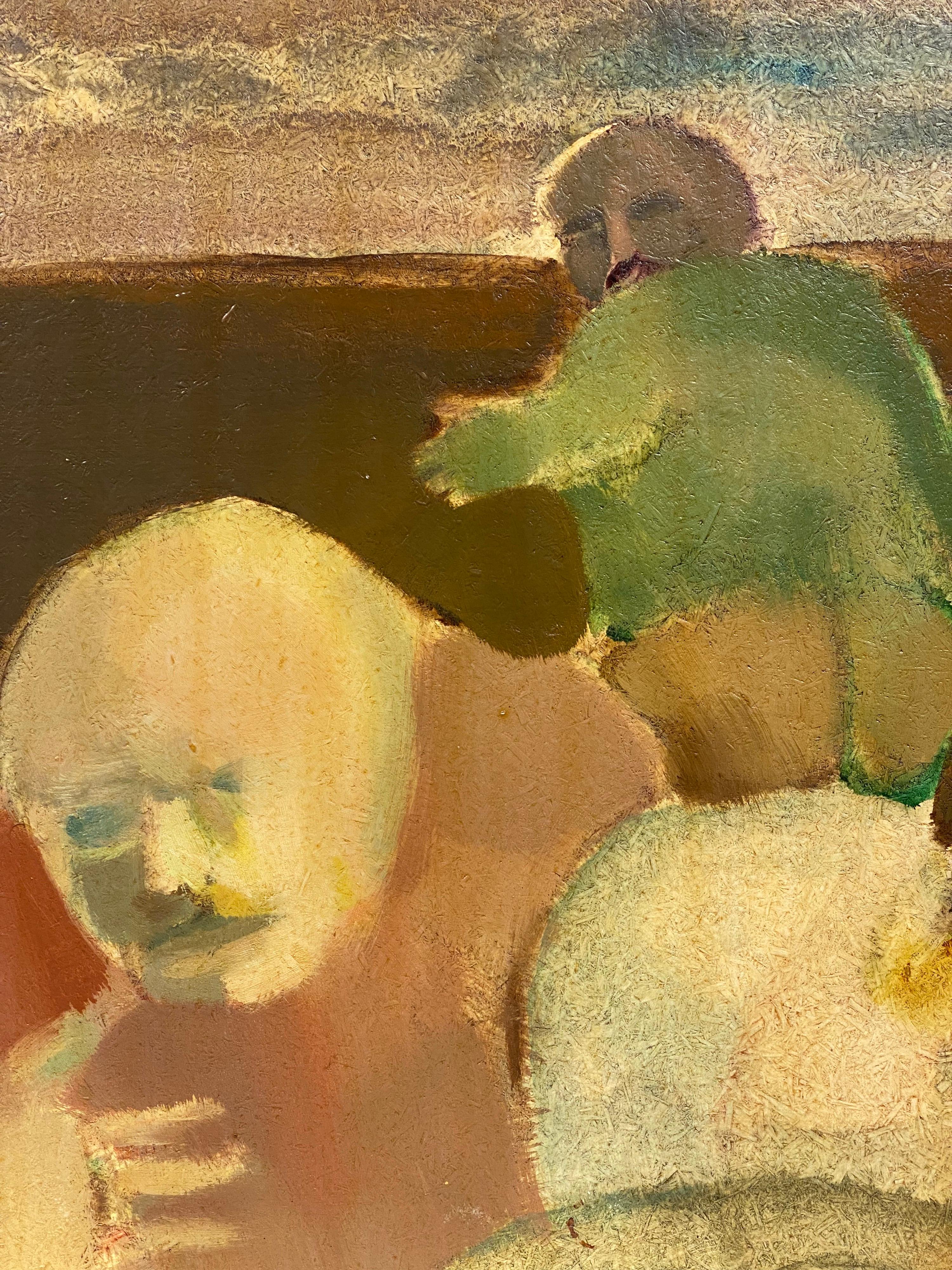 Gran óleo surrealista francés Escena figurativa masculina - Painting Surrealista de Andres