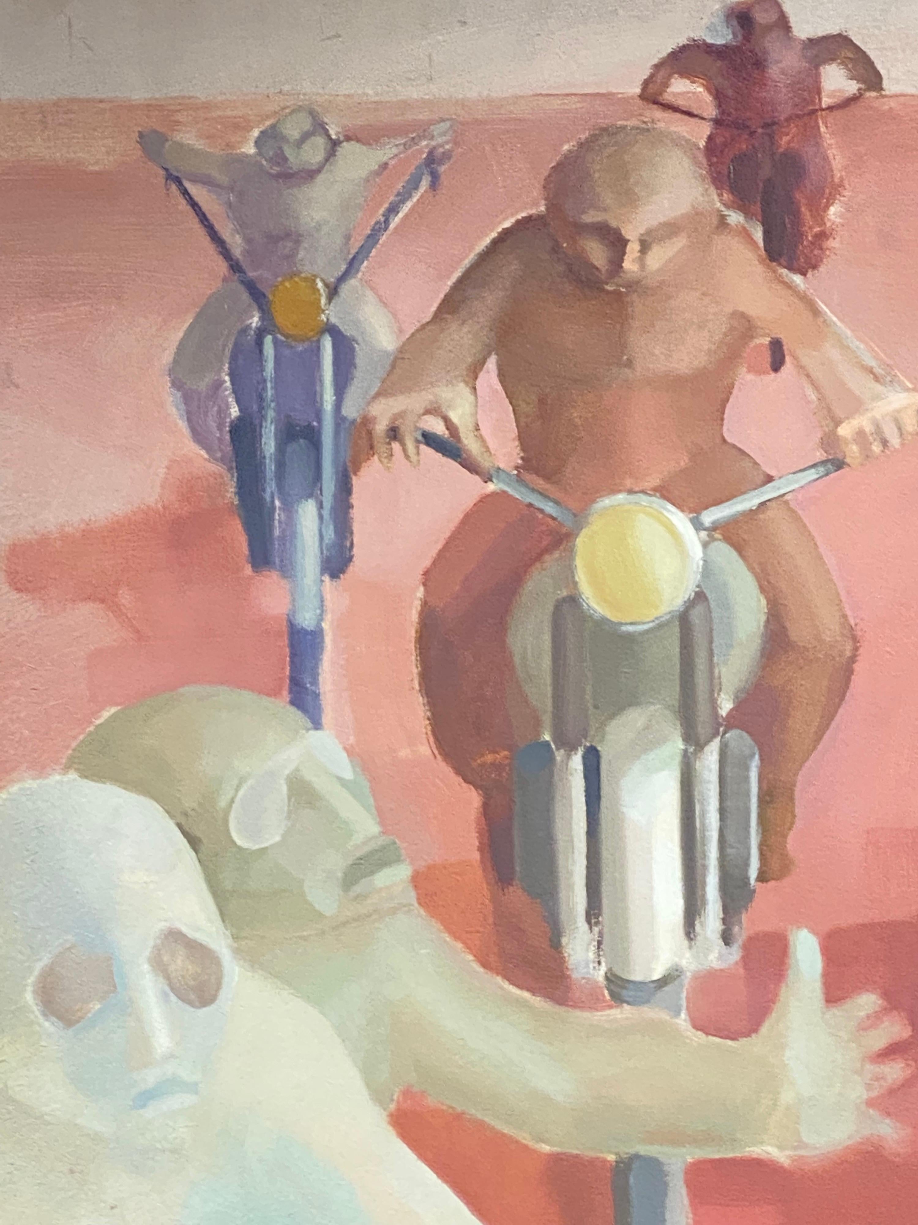 Male Bikers in Desert - Huge French Surrealist Oil Painting Figurative Scene  - Brown Abstract Painting by Andres