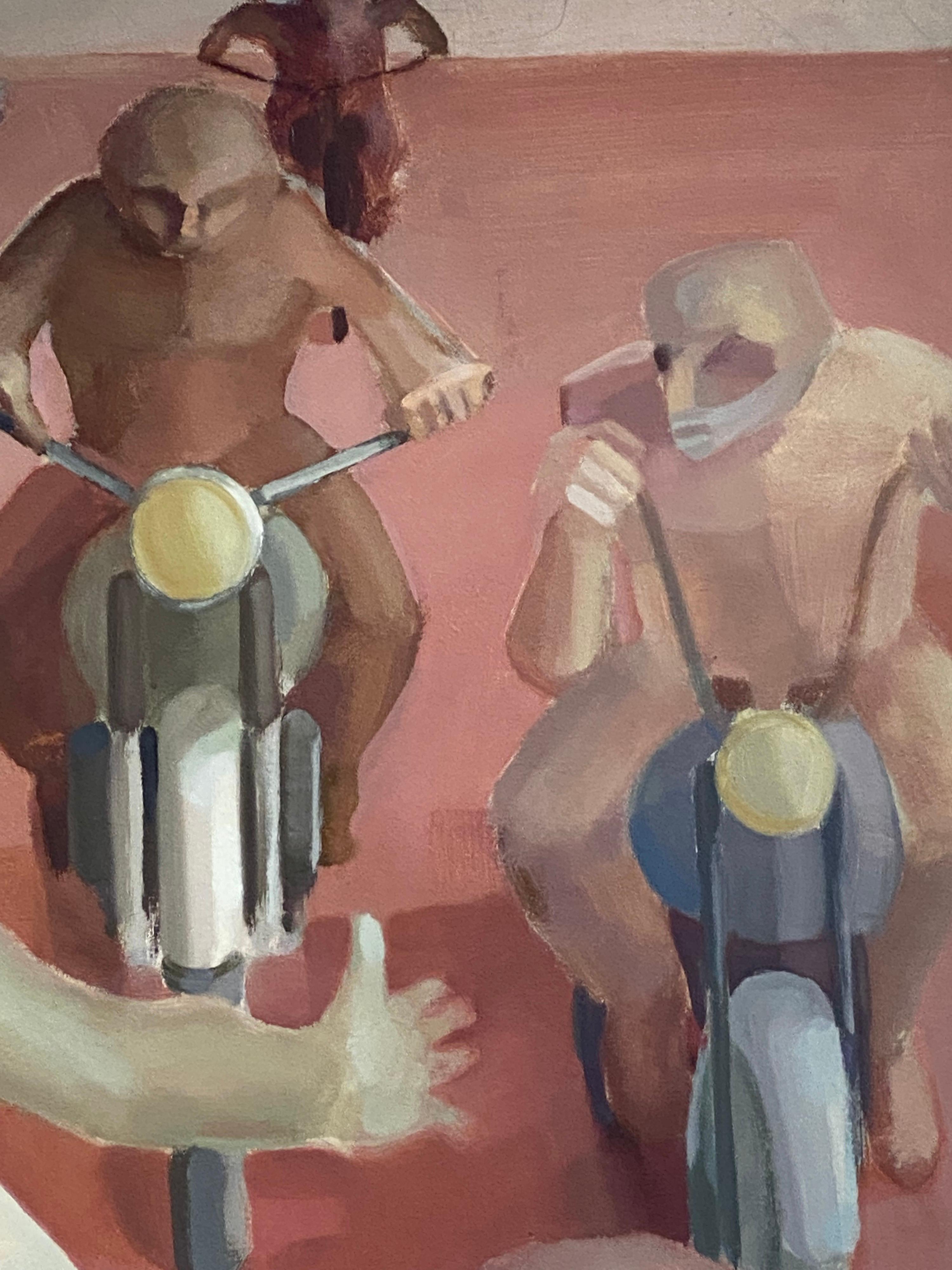 Male Biker in der Wüste – Großes französisches surrealistisches Ölgemälde, figürliche Szene  (Braun), Abstract Painting, von Andres