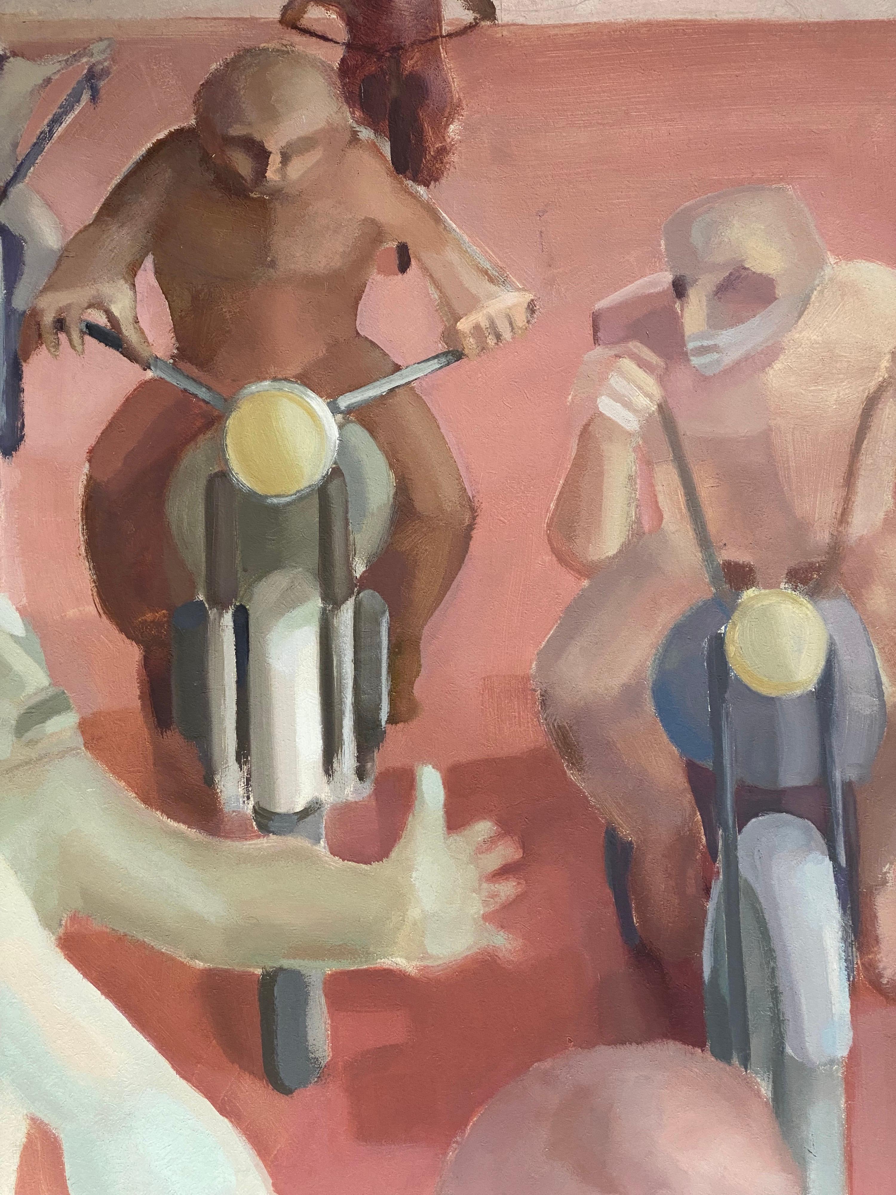 Male Bikers in Desert - Huge French Surrealist Oil Painting Figurative Scene  For Sale 2