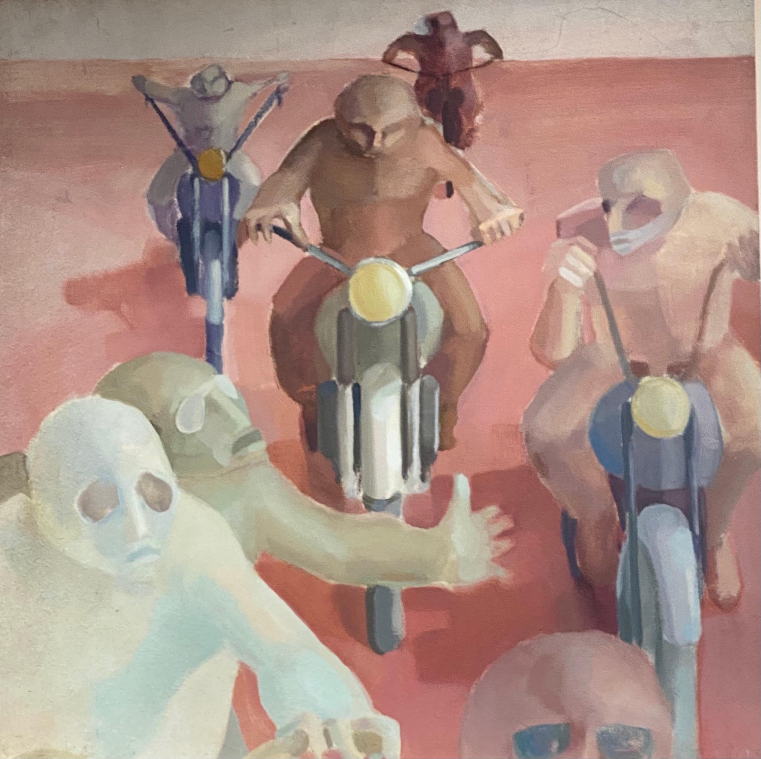 Andres Abstract Painting - Male Bikers in Desert - Huge French Surrealist Oil Painting Figurative Scene 