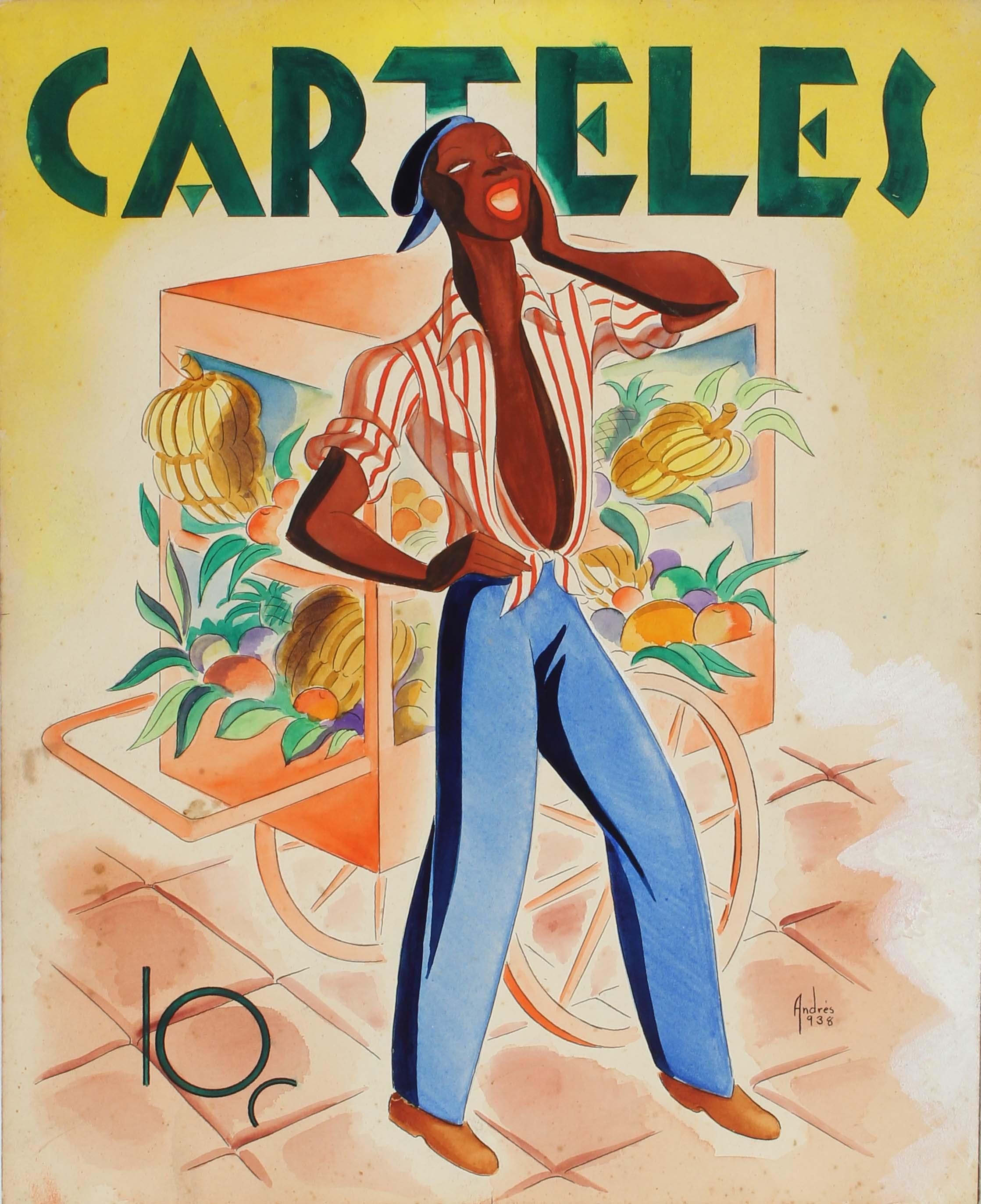 1938 Ilustración cubana Pintura al gouache Revista Carteles Andrés García Benítez - Painting de Andres Garcia Benitez
