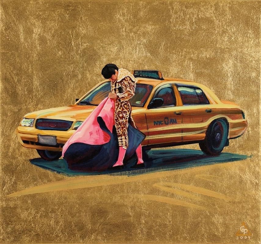 Andrés García-Peña Print - Ole Taxi -Spanish Torero with Gold Leaf Background Baiting a Taxi Cab in NYC