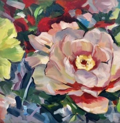 „Facing the Light“ – Blumenstillleben, 18" x 18", Öl auf Leinwand, auf Keilrahmen gespannt