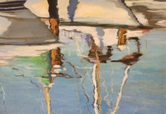 Masken, Spiegelung im Wasser, Segelboot, Küste, Segeln, Öl auf Leinwand, 24 x 14", Meer