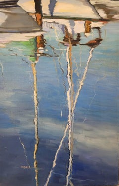 Masken, Spiegelung im Wasser, Segelboot, Küste, Segeln, Öl auf Leinwand, 24 x 14", Meer