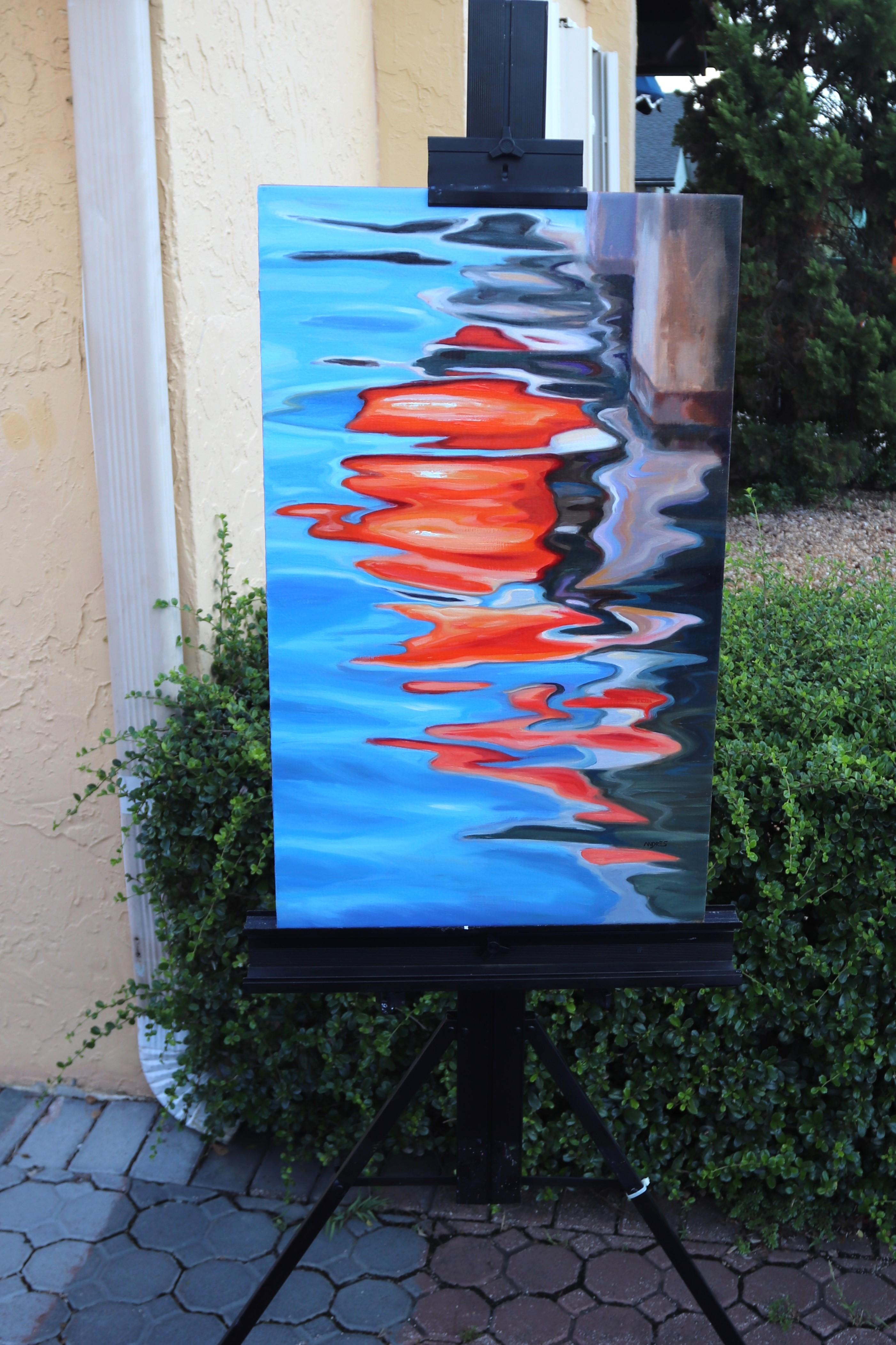<p>Kommentare des Künstlers<br>Der Künstler Andres Lopez fängt eine faszinierende Szene mit glitzerndem Wasser und einer leuchtend orangefarbenen Reflexion ein. Das Gemälde fängt das Spiel des Lichts auf der Meeresoberfläche ein und schafft ein