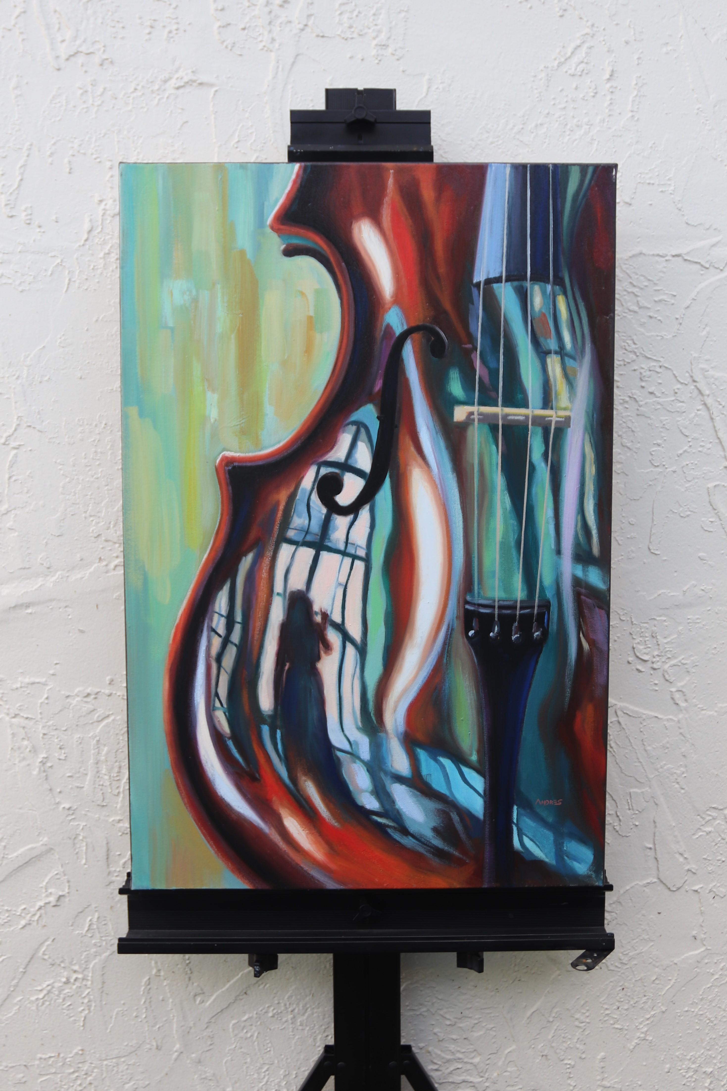 <p>Artist Comments<br>The painting presents a close-up of a violin, with its curves and strings filling the composition. A silhouetted figure appears on the reflective surface of the instrument. The artwork combines artist Andres Lopez's love for
