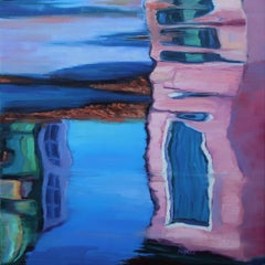 The Pink House,  Reflection in the Water, Oil Painting, Landscape, Nature
