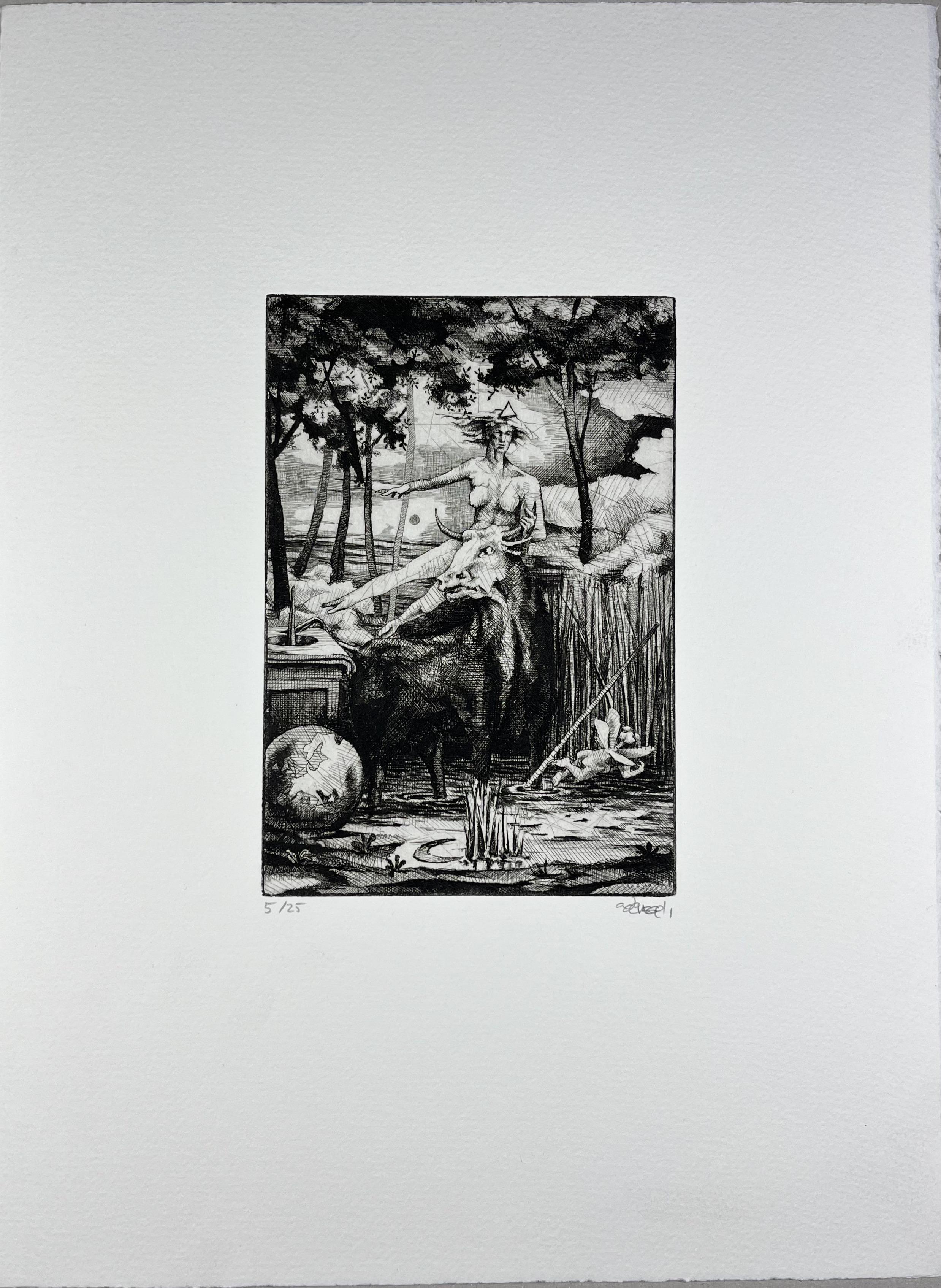 Spanish 1986 signed limited edition original art print etching 15x11 in. - Print by Andres Nagel Tejada