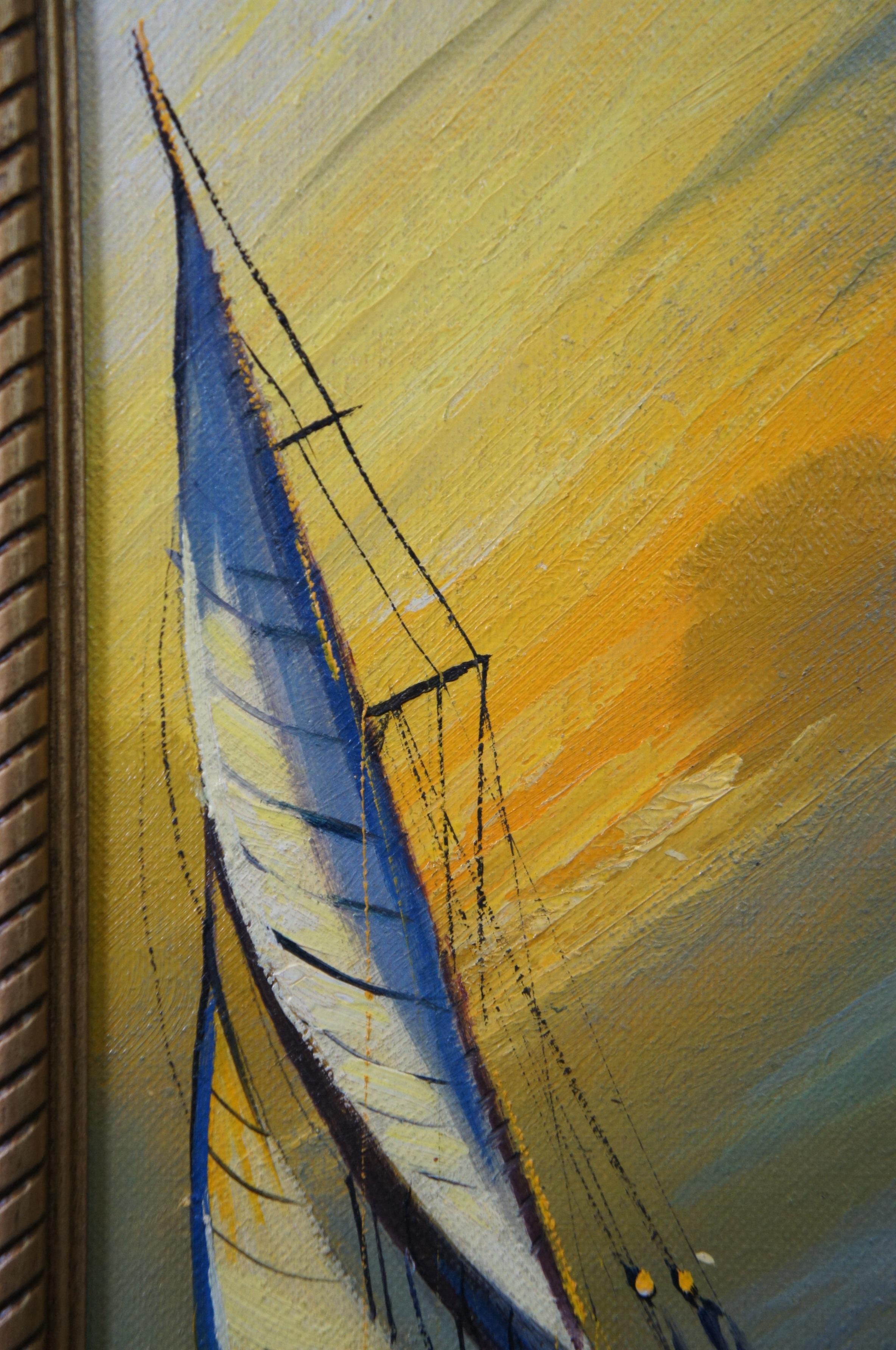 Late 20th century oil on board maritime seascape expressionist painting attributed to Chilean artist Andres Orpinas, depicting a sail boat tossing on the waves beneath an orange sunset sky. Signed A. Orpinas in lower right. Beveled and floral carved