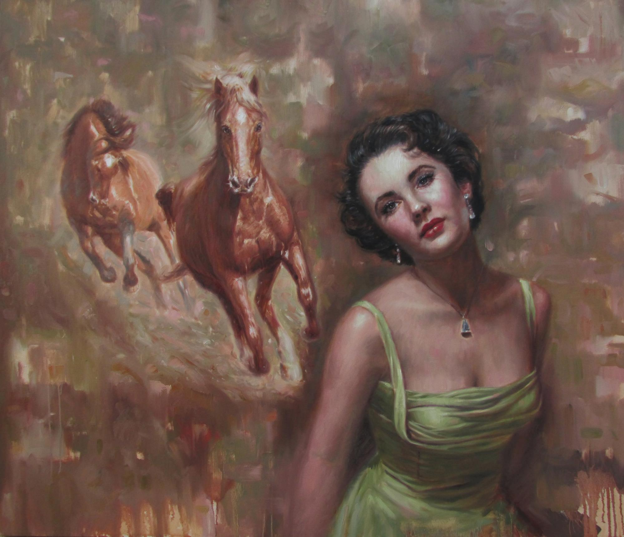  ANDRES  RETAMERO VALENZUELA  Figurative Painting - Gallopando-Galloping Cuban Figurative  Young Liz Taylor  Horses Giant Marfa Oil 