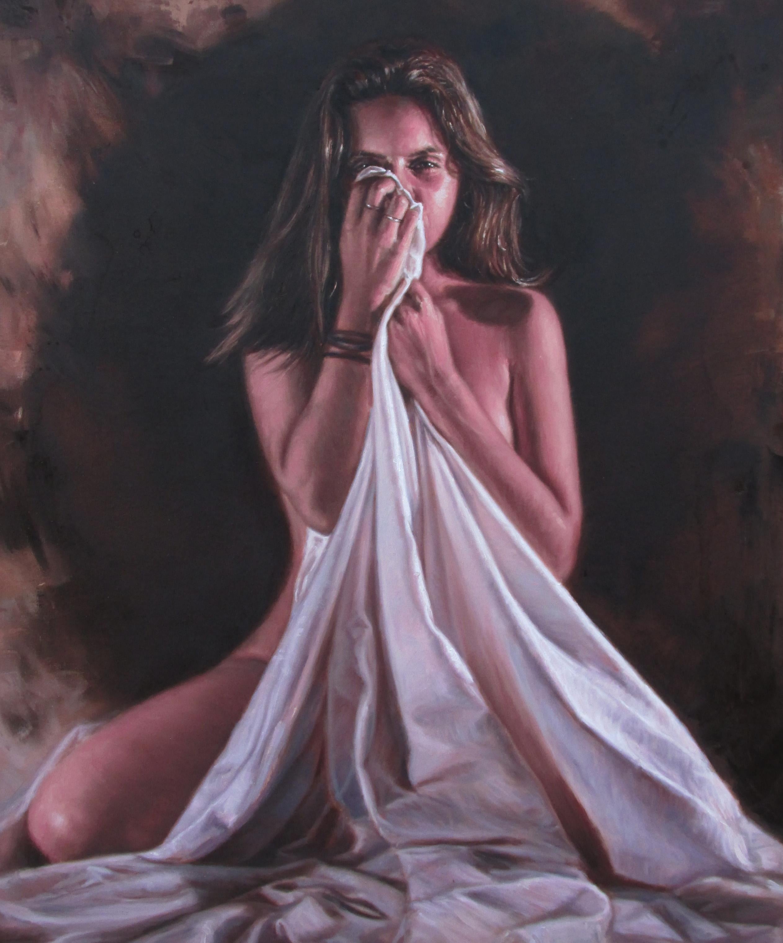 Figurative Painting  ANDRES  RETAMERO VALENZUELA  - « Miroir » Espejo  47x40 pouces  Figure féminine   Anatomie  Toile à l'huile d'un artiste cubain