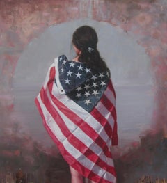 "Refugio "óleo sobre lienzo 47 "x44" Artista cubano  Refugio en la vida de la bandera americana