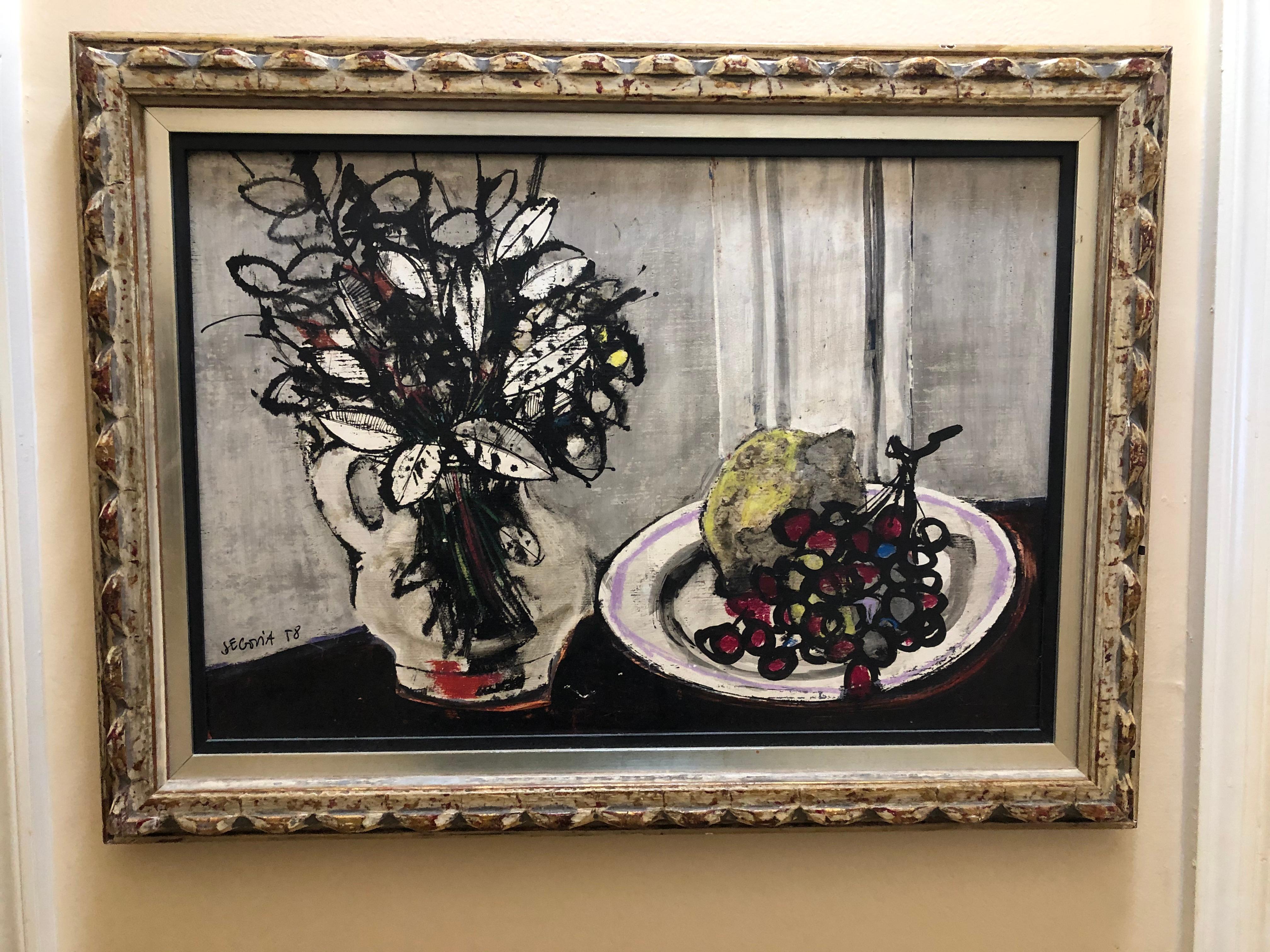 Andres Segovia: 1929-1996. Well listed Spanish and Argentinian painter. He has had auction results as high as $35,000. This fabulous modern still life is an oil on board. It measures 21 3/4 inches wide by 15 inches high.    The custom frame which