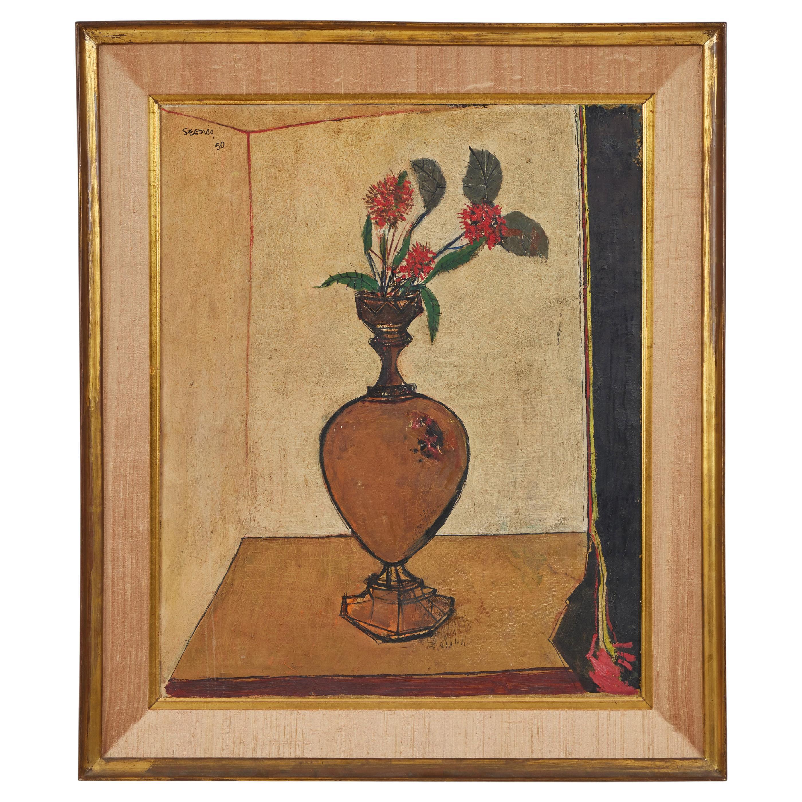 Il s'agit d'une magnifique composition florale à l'huile sur toile d'Andre Segovia. L'emplacement du vase et le mur apparaissant à l'arrière-plan ajoutent beaucoup d'intérêt à cette pièce, attirant l'attention pour un examen plus approfondi. Le vase