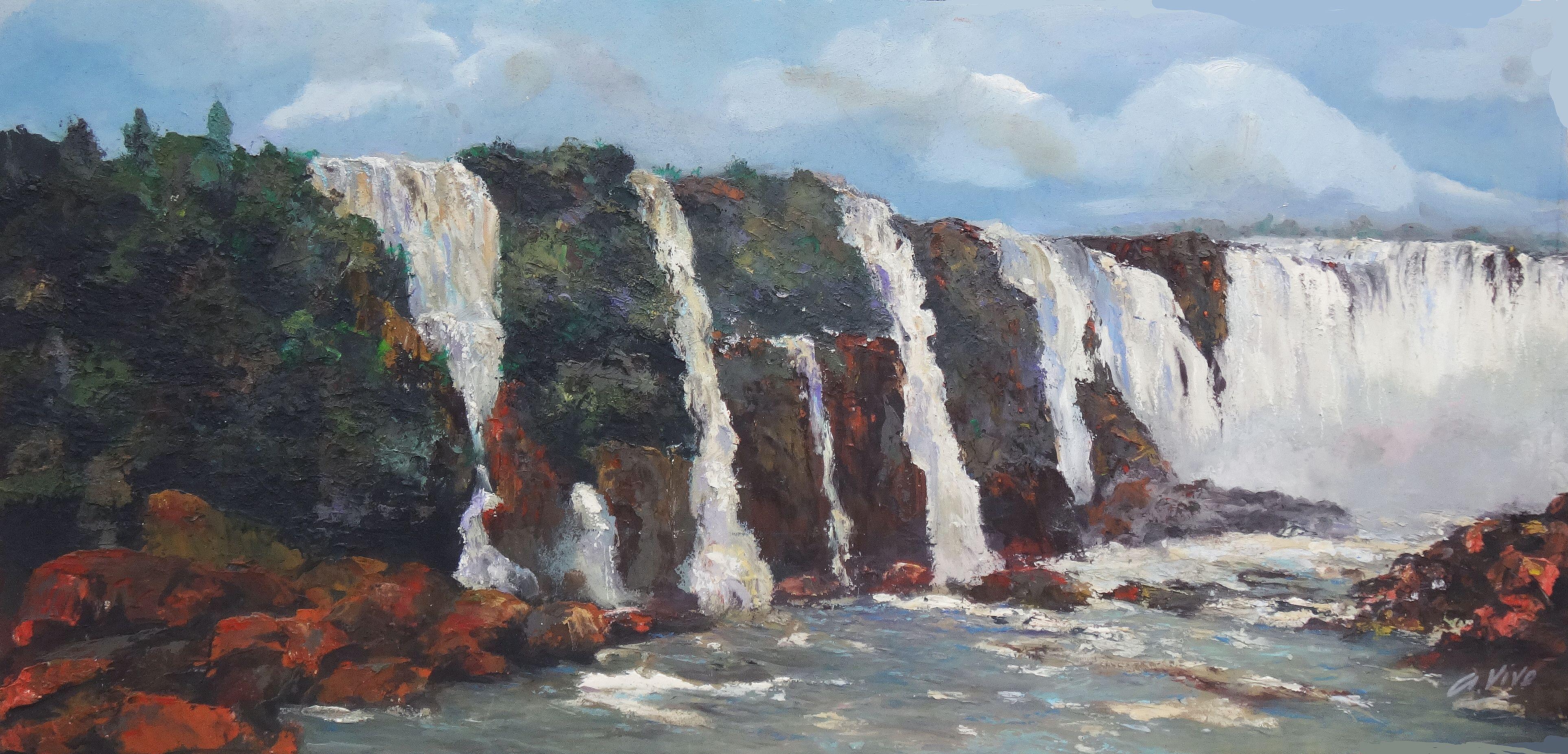 Landscape Painting Andres Vivo - 3388 chutes d'Iguazu  Avant la tempête tropicale, peinture à l'huile sur panneau de MDF