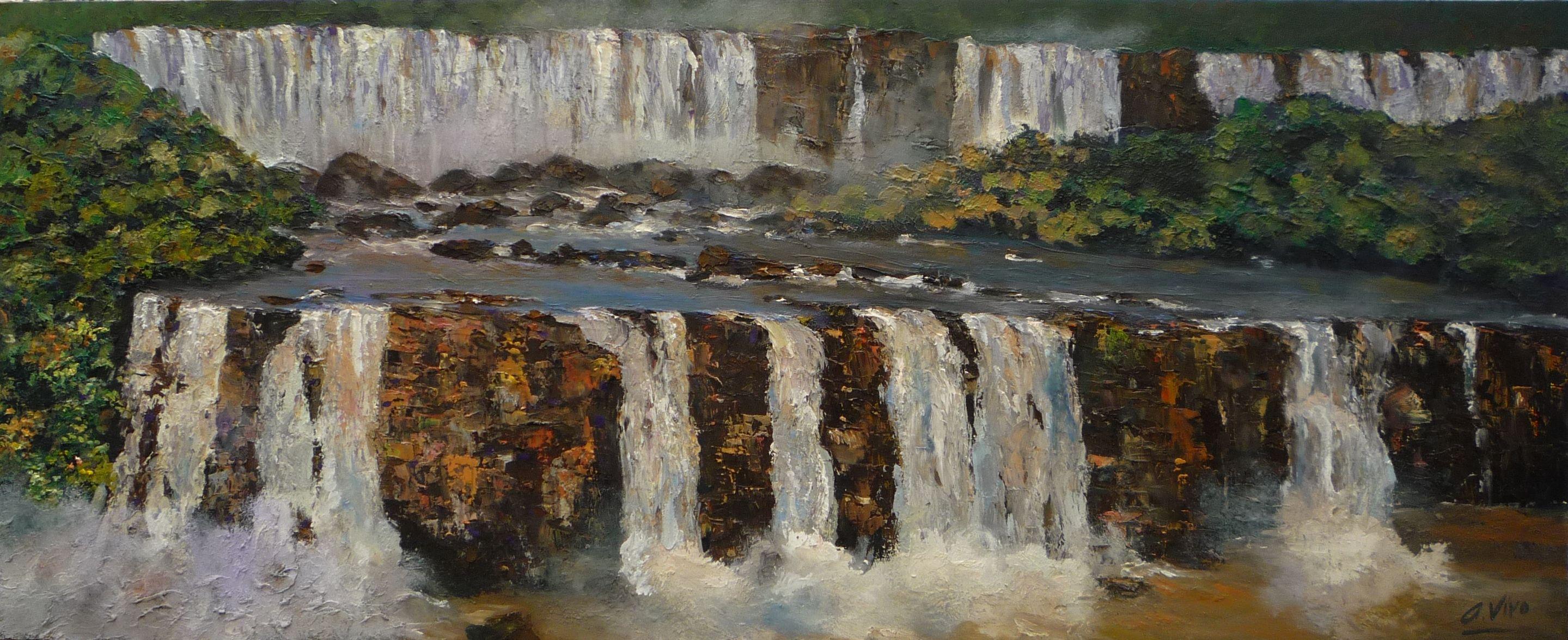 Andres Vivo Landscape Painting - 3400 Seven water jumps at IguazÃº, Painting, Oil on MDF Panel