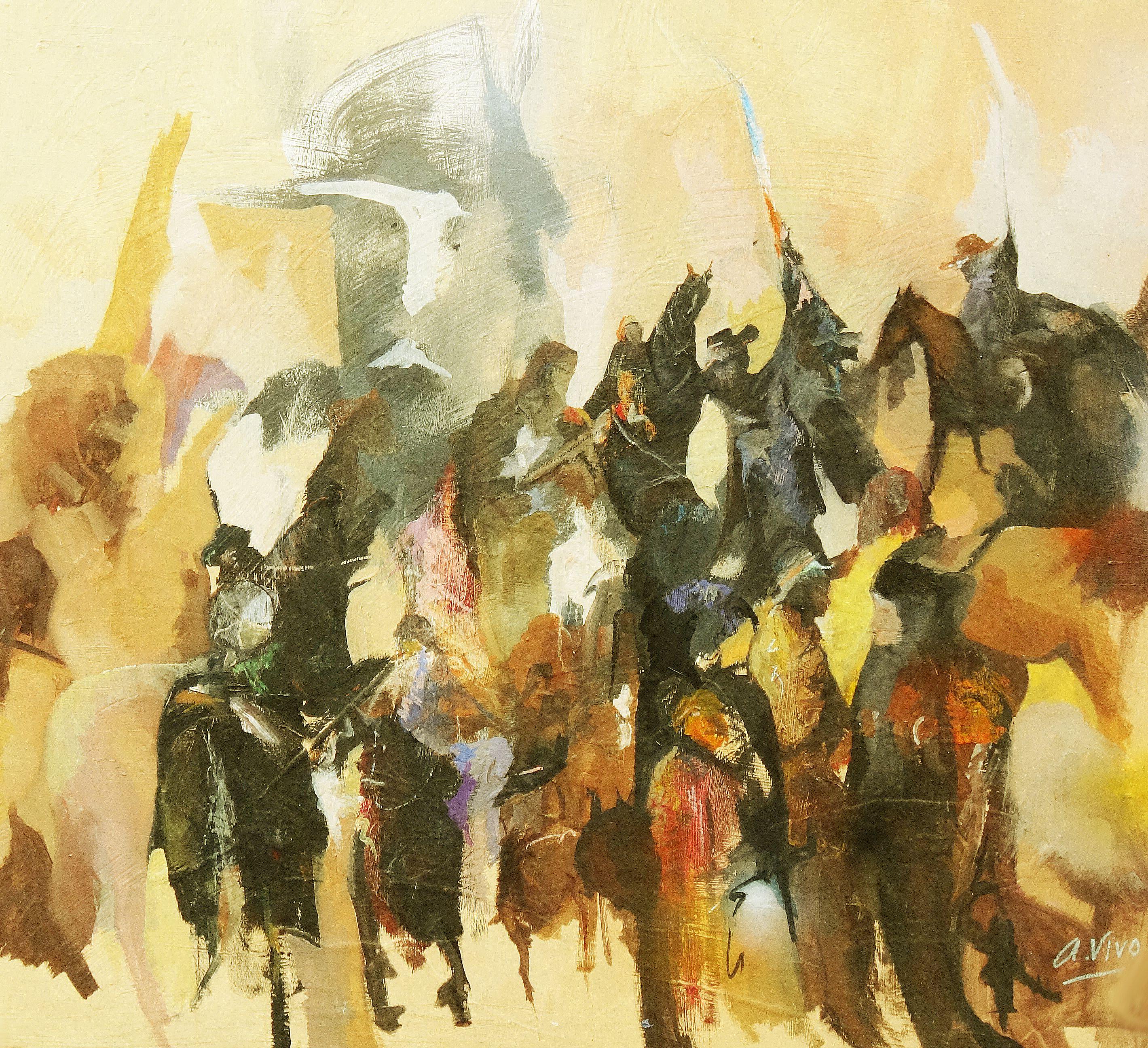 Andres Vivo Figurative Painting - 4477 Brave horsemen heroes old, Painting, Oil on Canvas