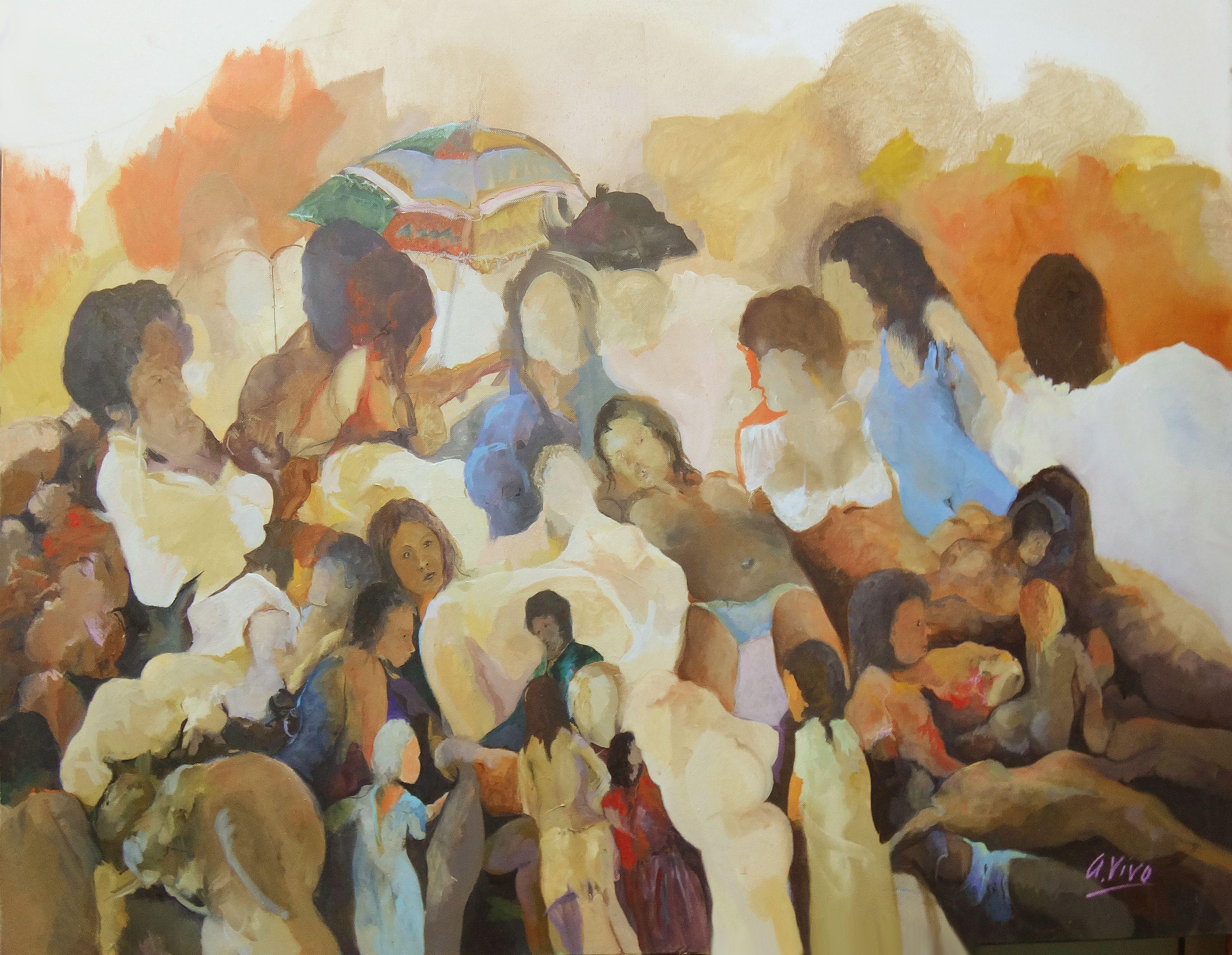 Figurative Painting de Andres Vivo - 4700 Plumas y sombrillas, Pintura, Óleo sobre lienzo