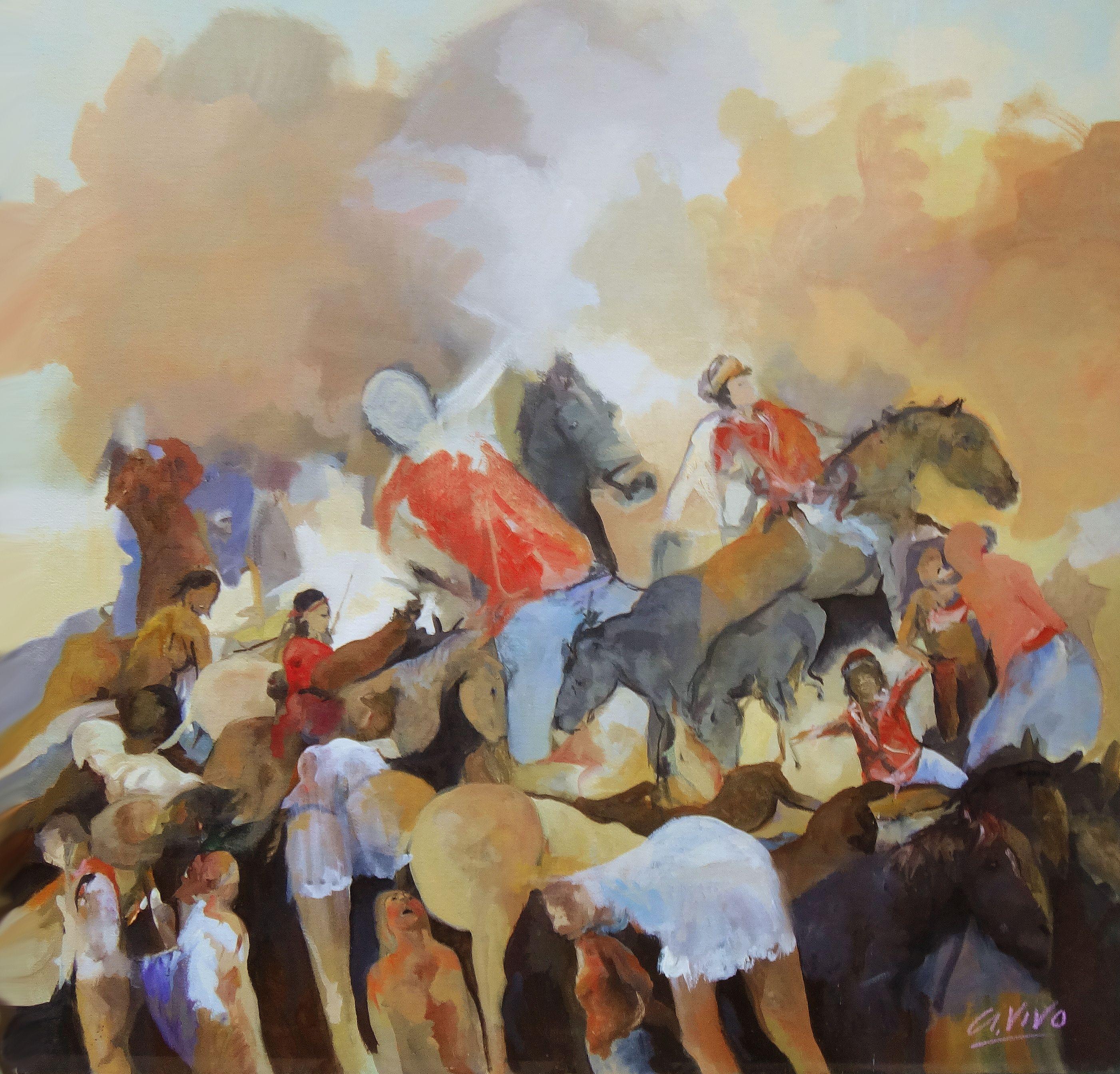 Figurative Painting di Andres Vivo - 4710 Jineteadas-cavallo a cavallo, Pittura, Olio su tela