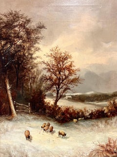 Fine Victorian Signed Oil Painting Winter Landscape Sheep Grazing Golden Glow