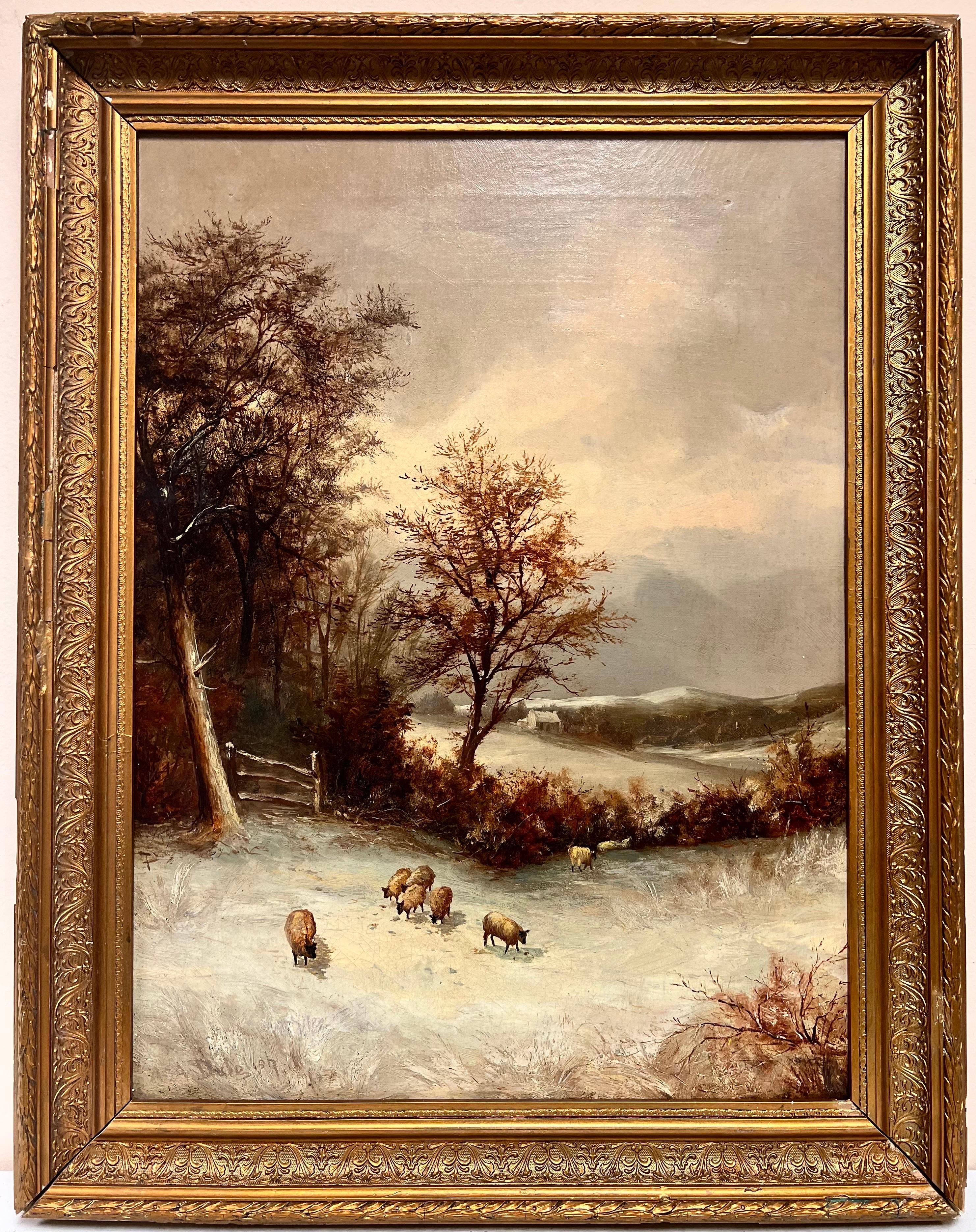 Andrew Adie Dalgleish Landscape Painting - Fine Victorian Signed Oil Painting Winter Landscape Sheep Grazing Golden Glow