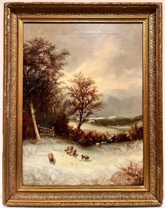 Antique Fine Victorian Signed Oil Painting Winter Landscape Sheep Grazing Golden Glow