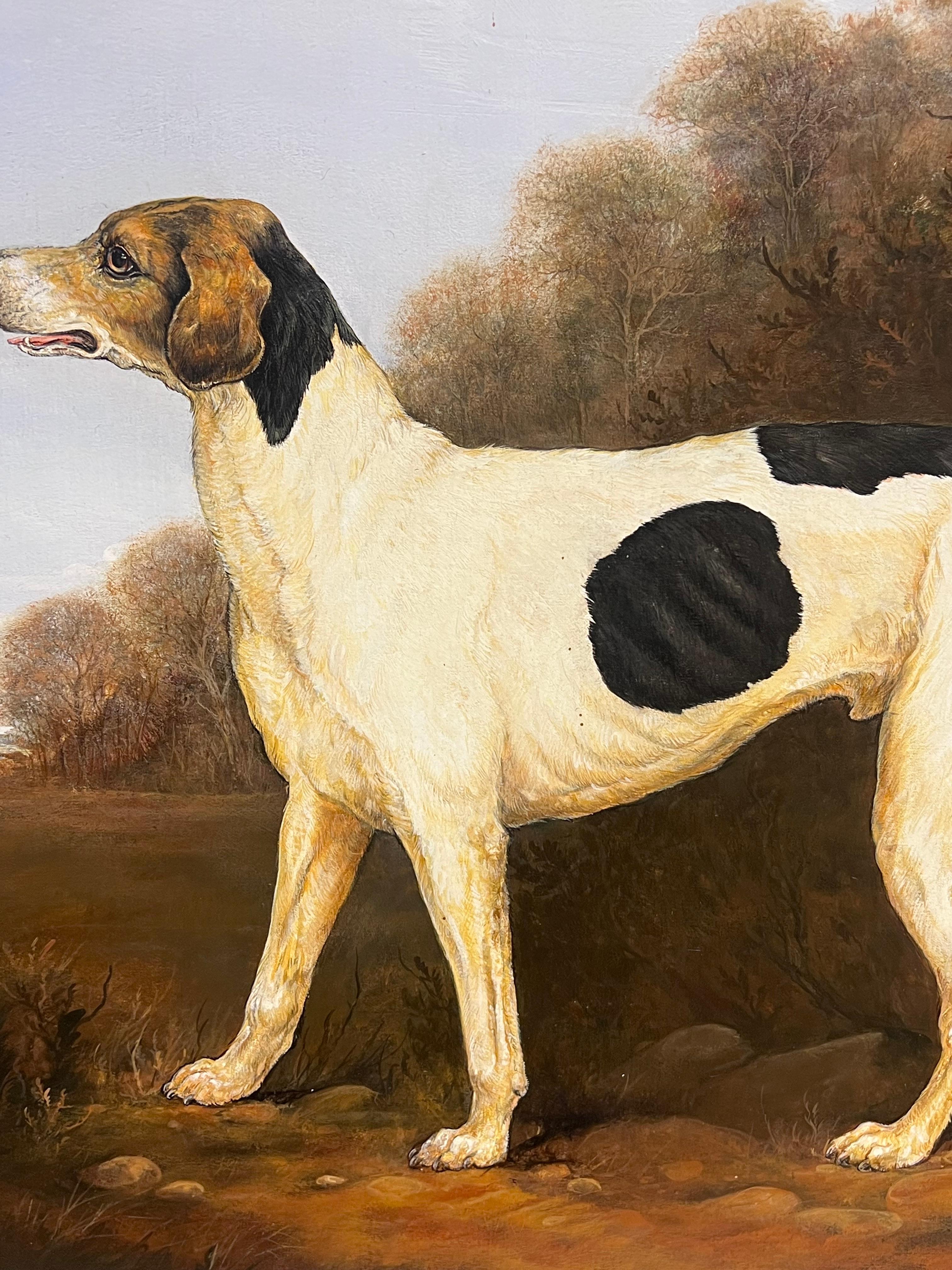 Pintura al óleo de arte deportivo inglés Fino Lebrel de caza en un paisaje de casa de campo en venta 5