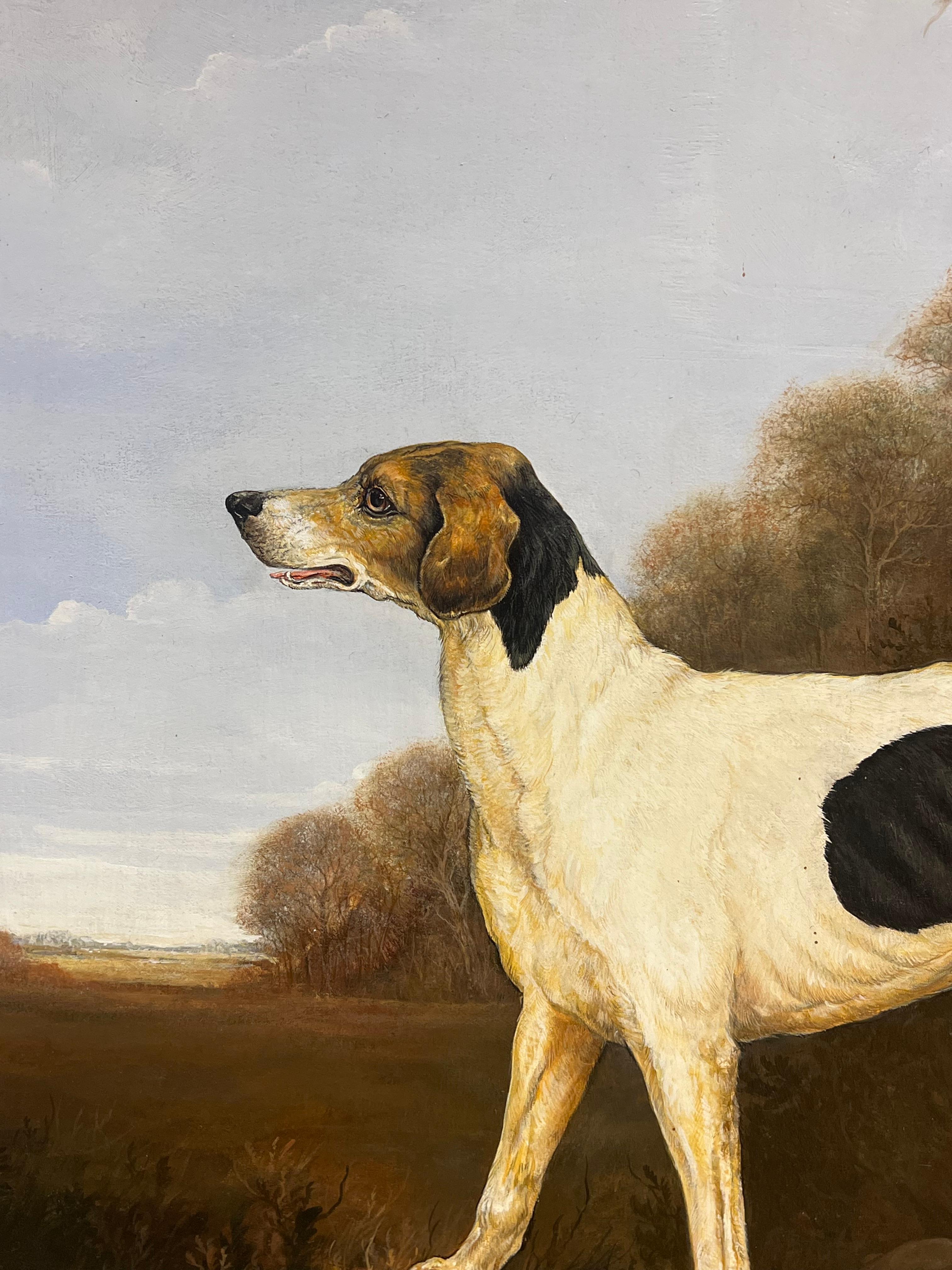 Pintura al óleo de arte deportivo inglés Fino Lebrel de caza en un paisaje de casa de campo en venta 6