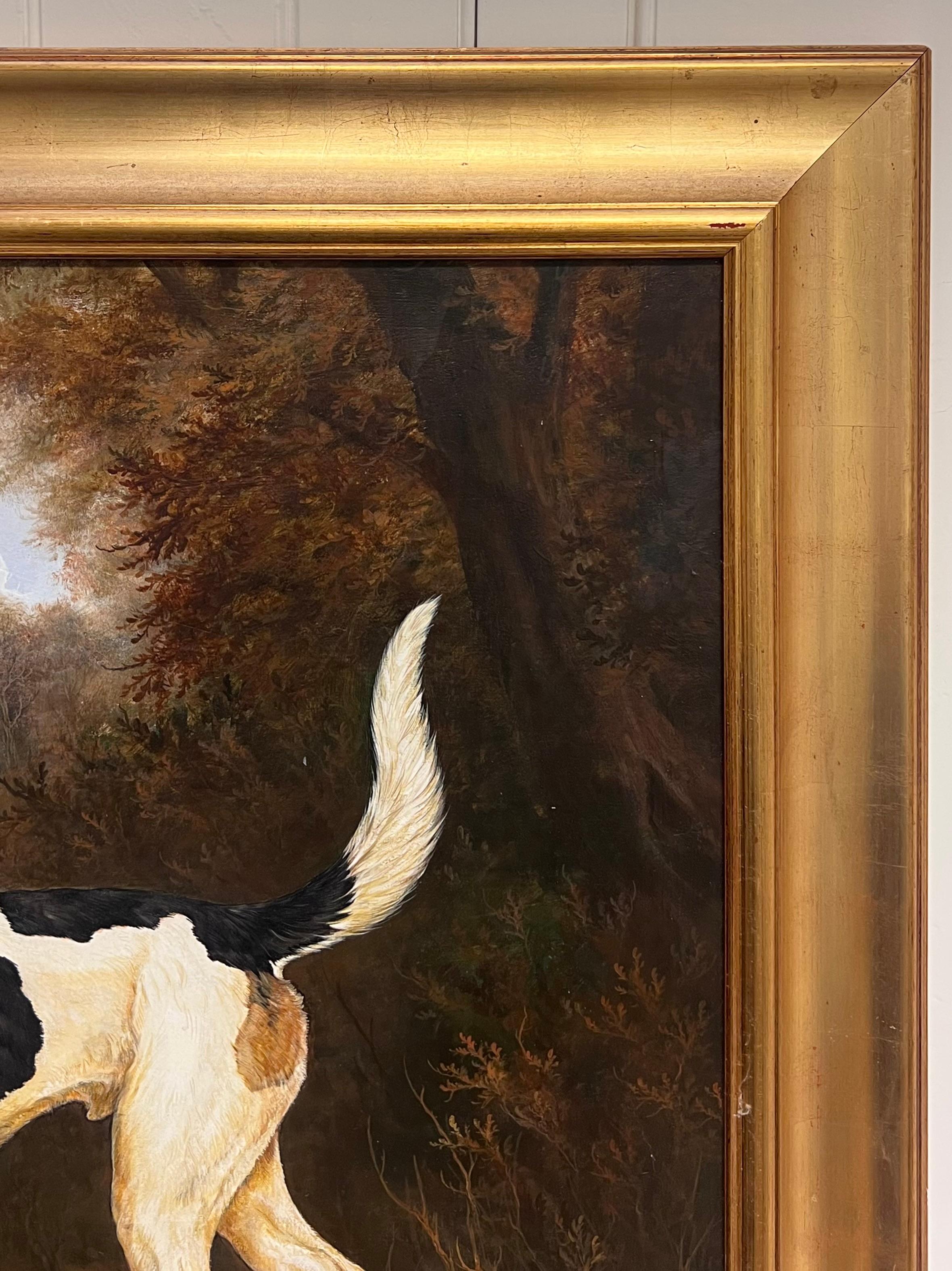 Pintura al óleo de arte deportivo inglés Fino Lebrel de caza en un paisaje de casa de campo en venta 9