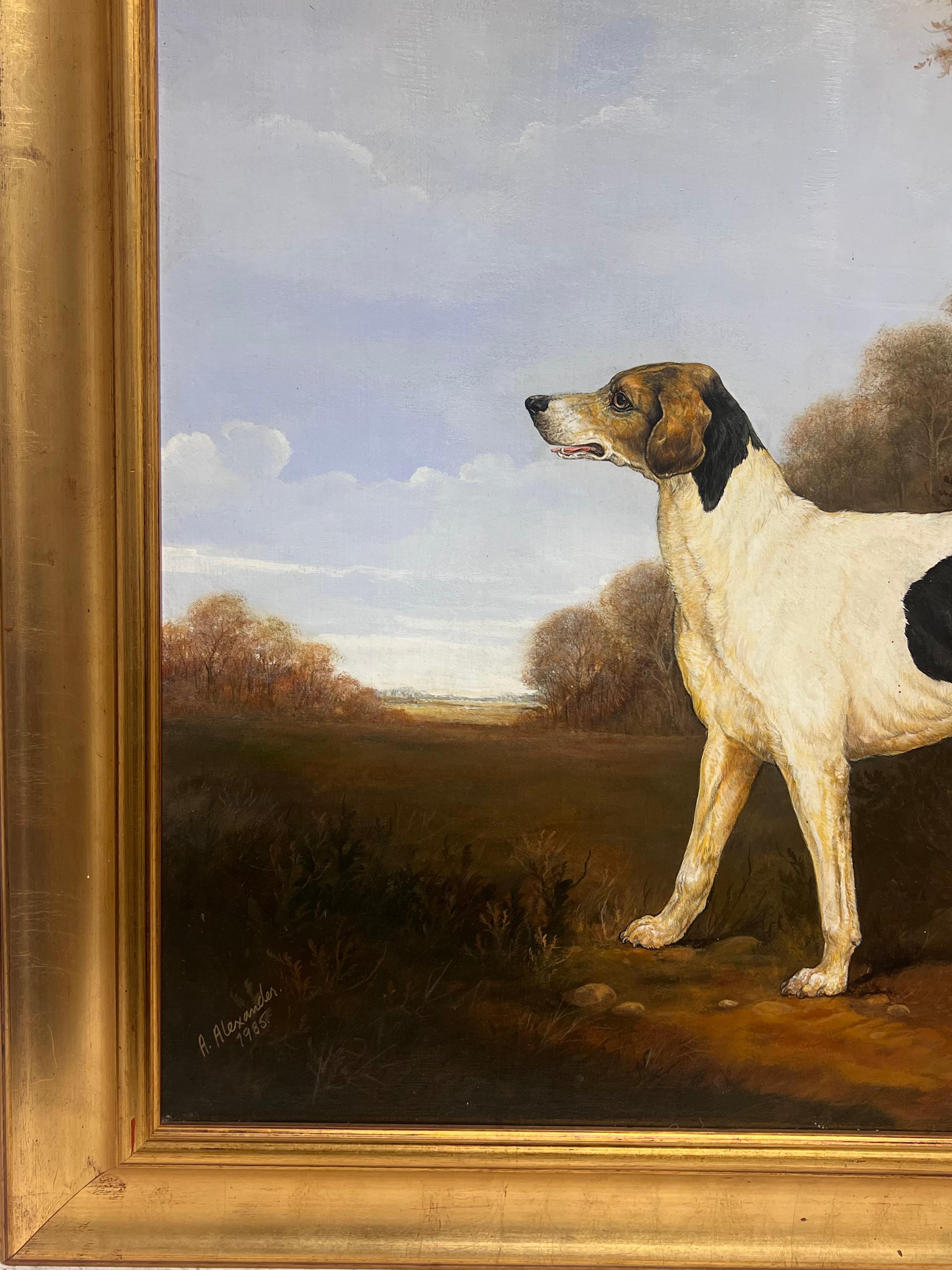 Pintura al óleo de arte deportivo inglés Fino Lebrel de caza en un paisaje de casa de campo en venta 10